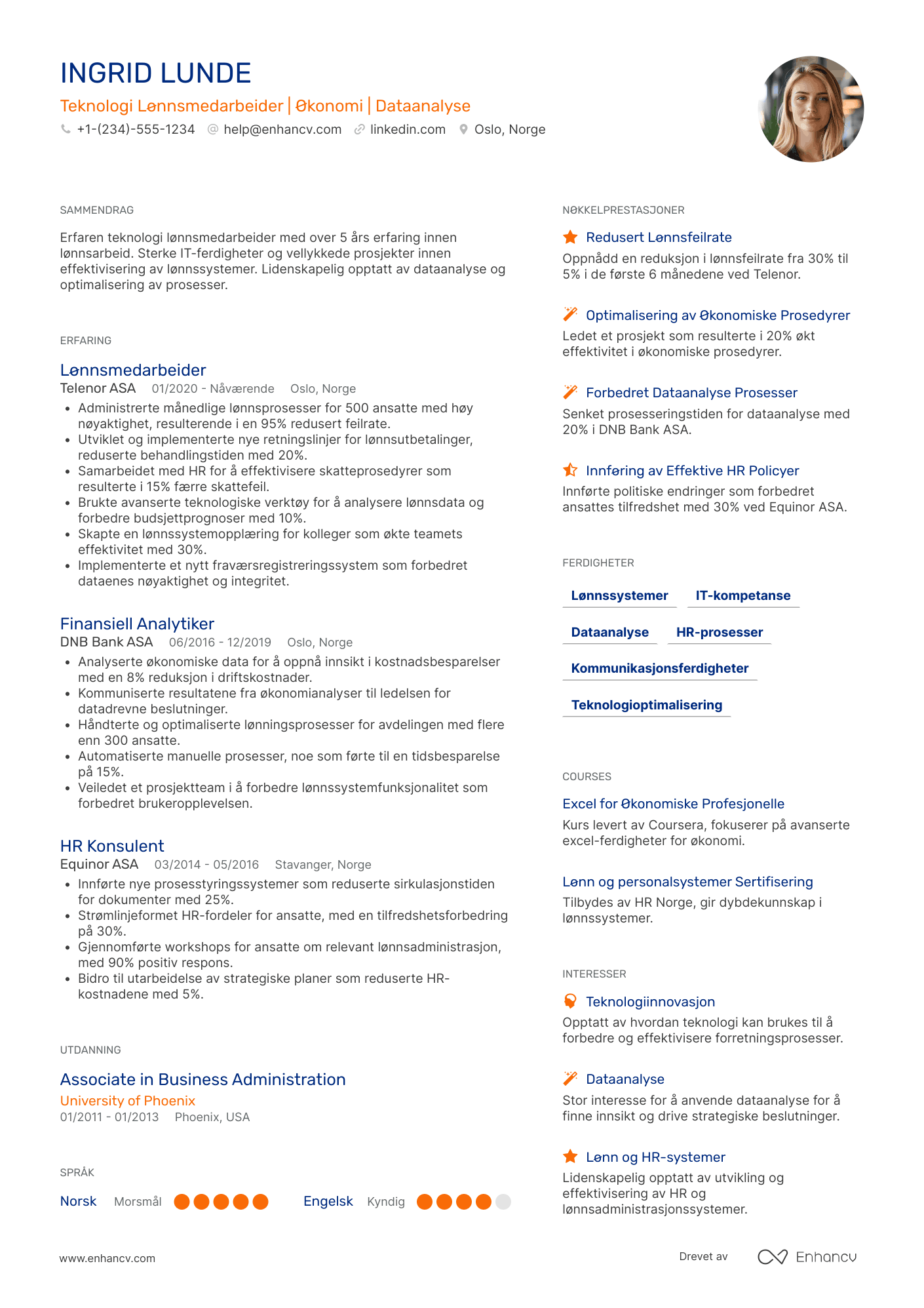 CV for Teknologi Lønnsmedarbeider Resume Example