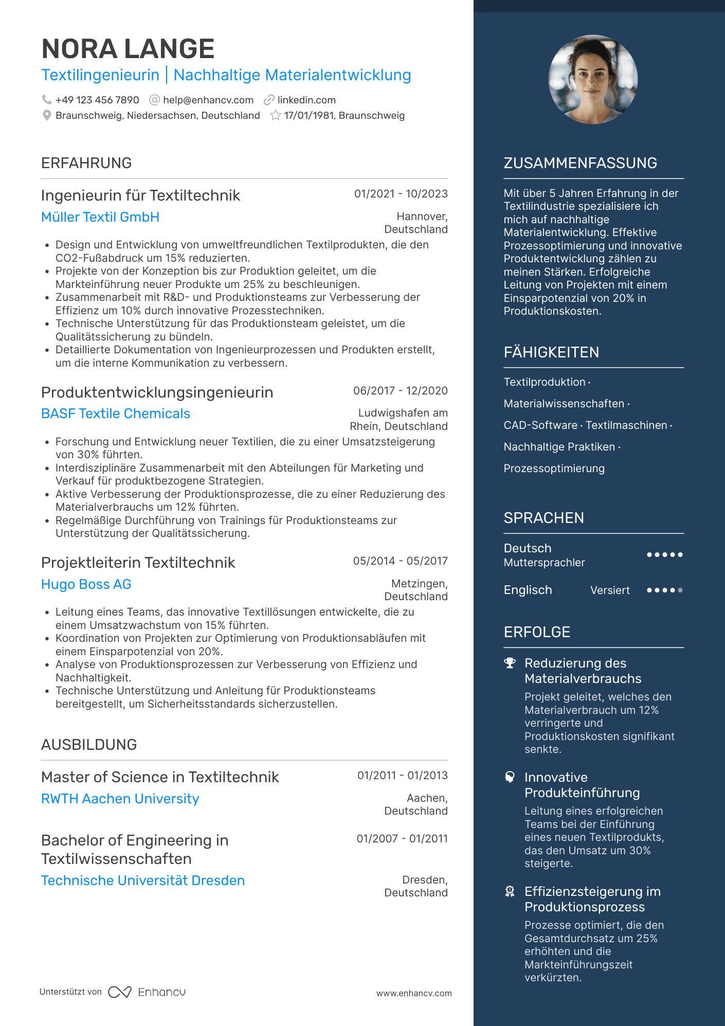 Lebenslauf in Ingenieur für Textilindustrie Resume Example