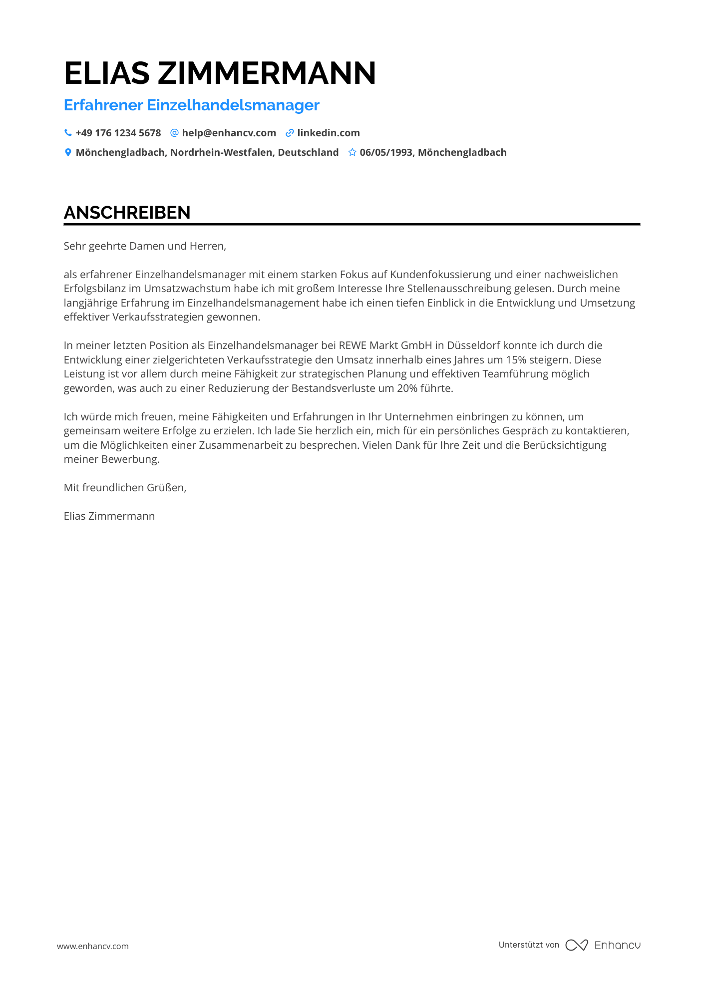 Einzelhandelsmanager Resume Example