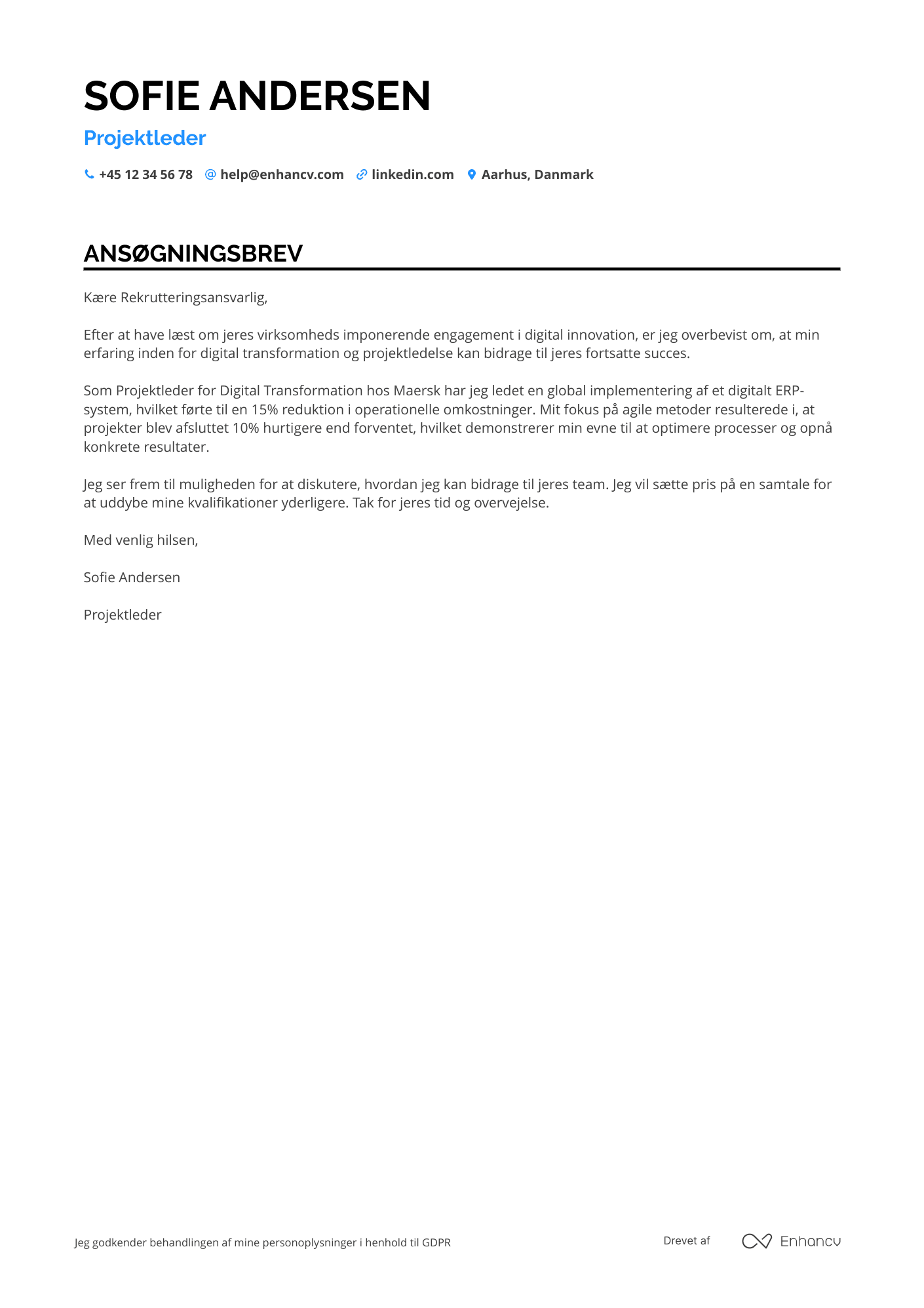 Ansøgningsbrev til Projektleder for digital transformation Resume Example