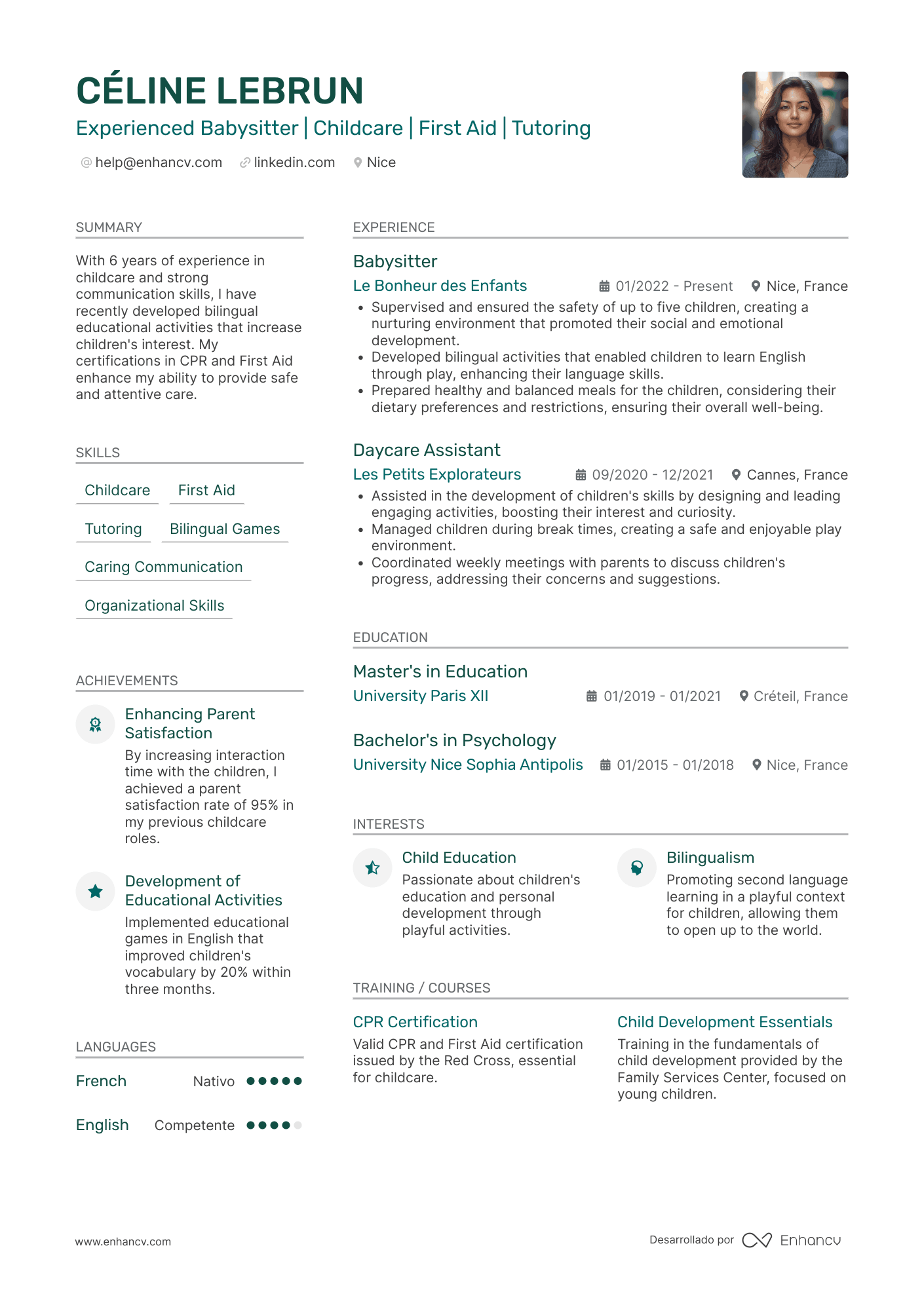 Bonus : CV babysitting en anglais Resume Example