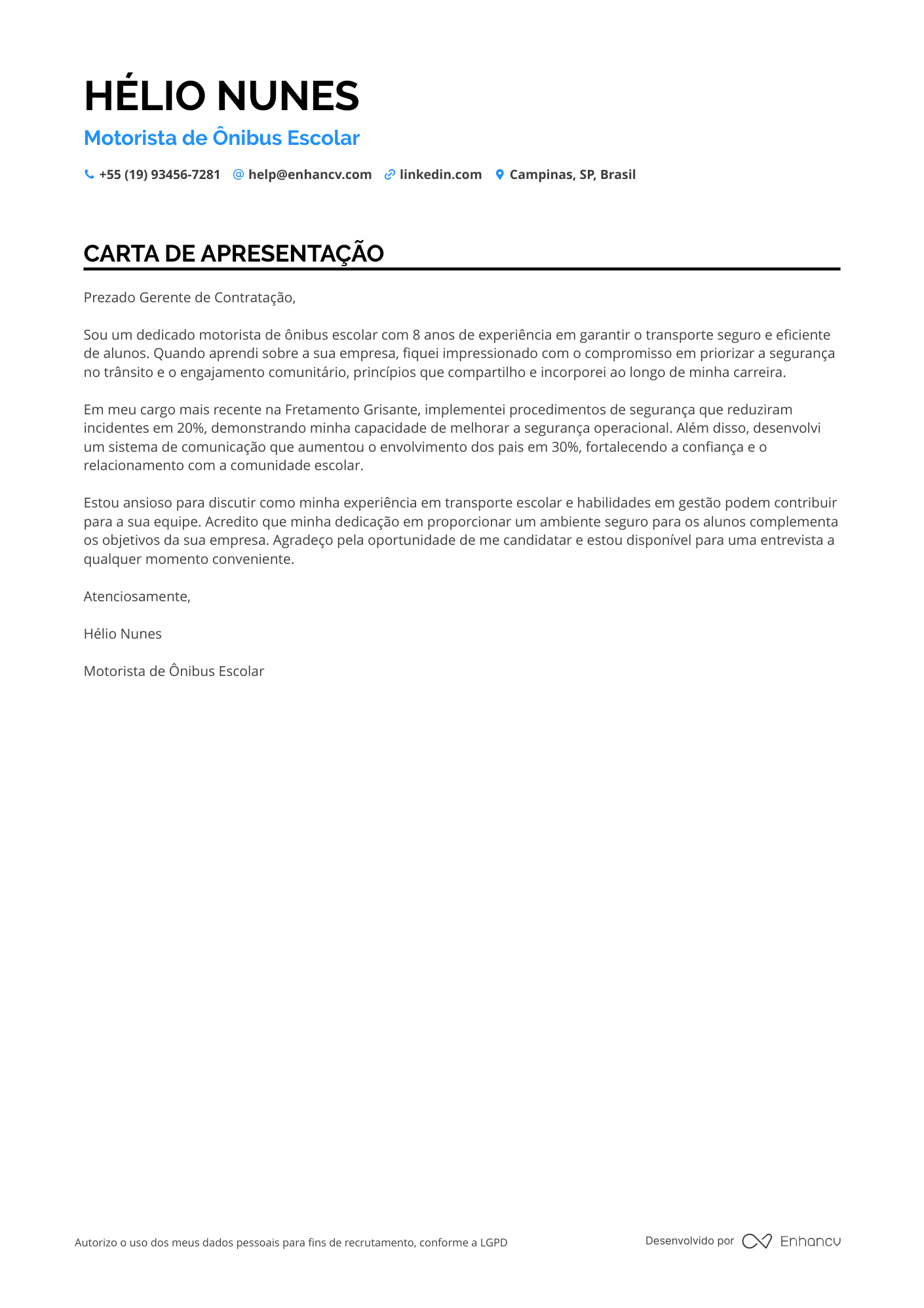 Motorista de ônibus de linha rural Resume Example