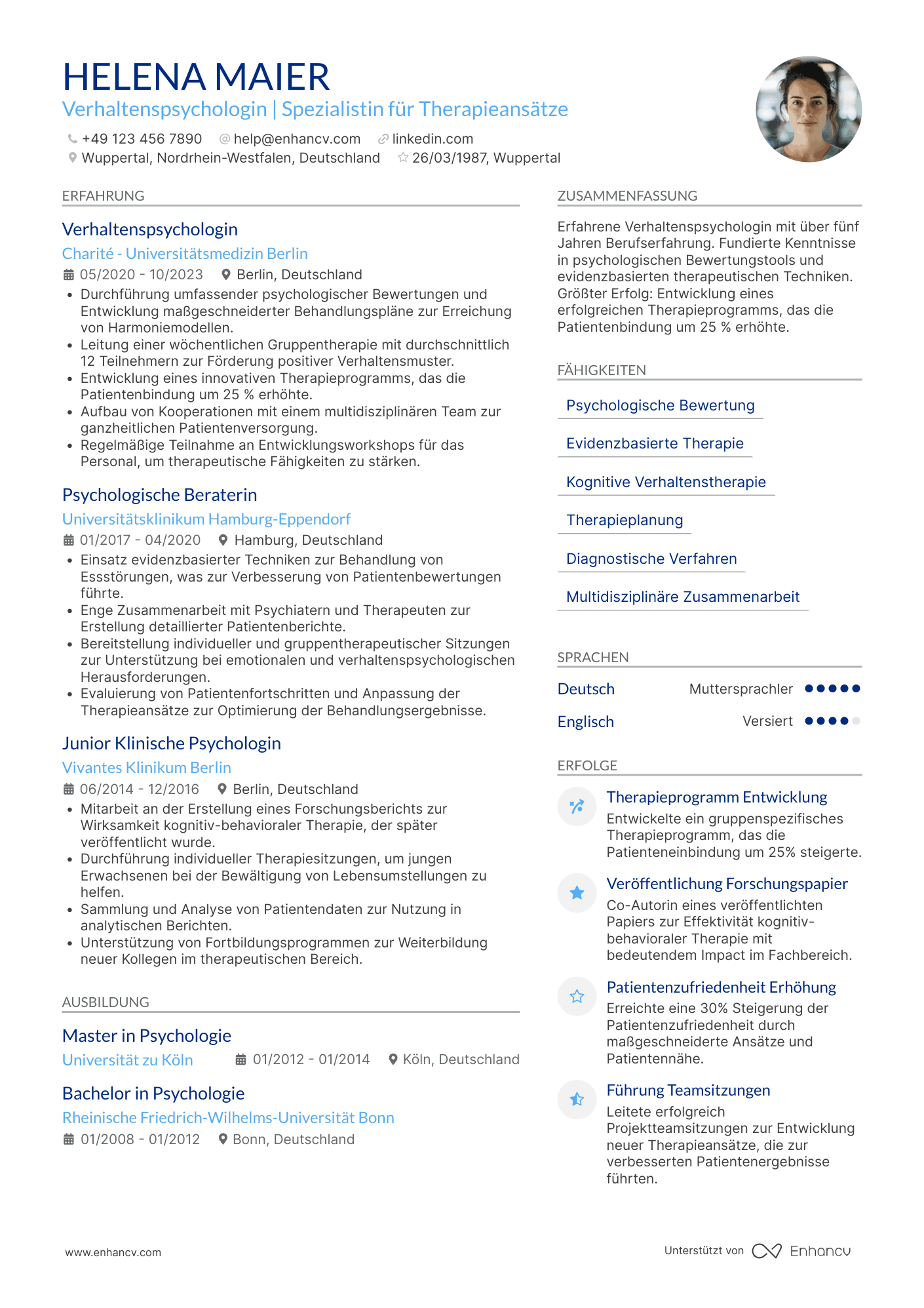 Lebenslauf als Verhaltenspsychologe Resume Example