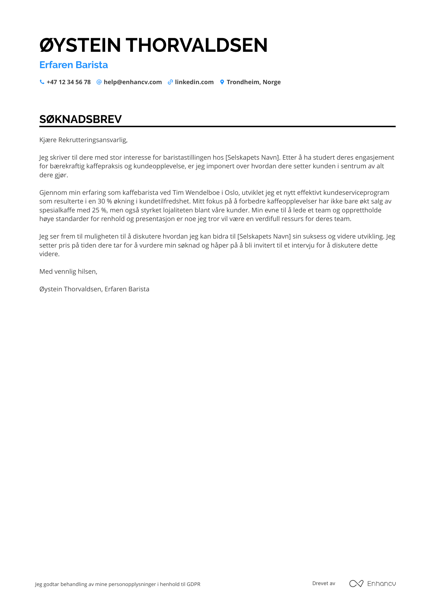 Søknadsbrev for Spesialkaffe Barista Resume Example