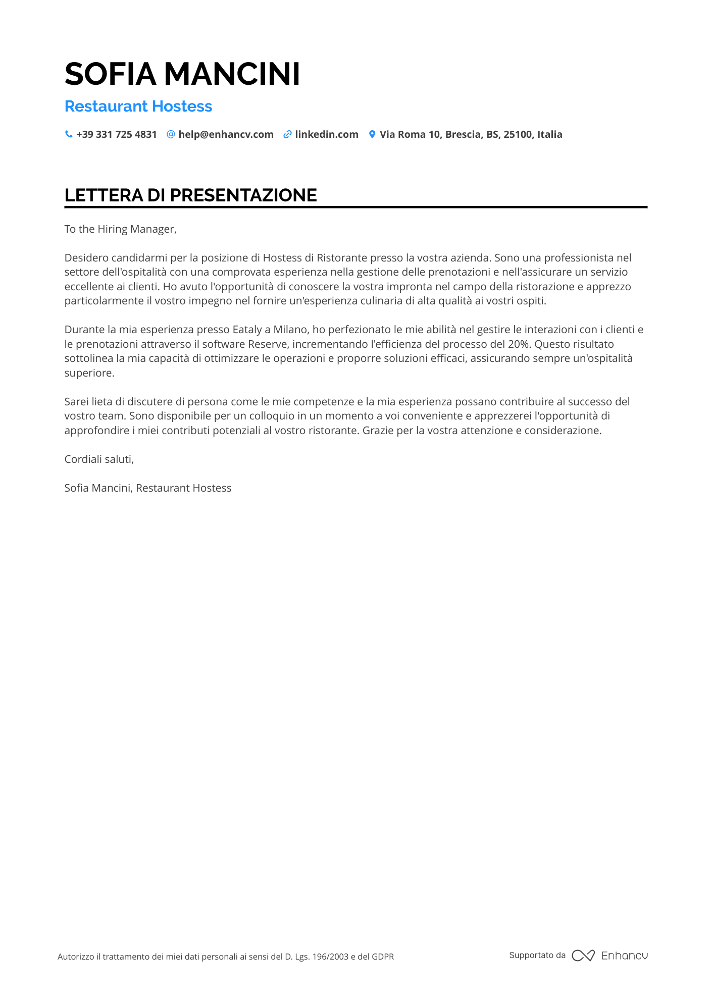 Hostess di Ristorante Resume Example