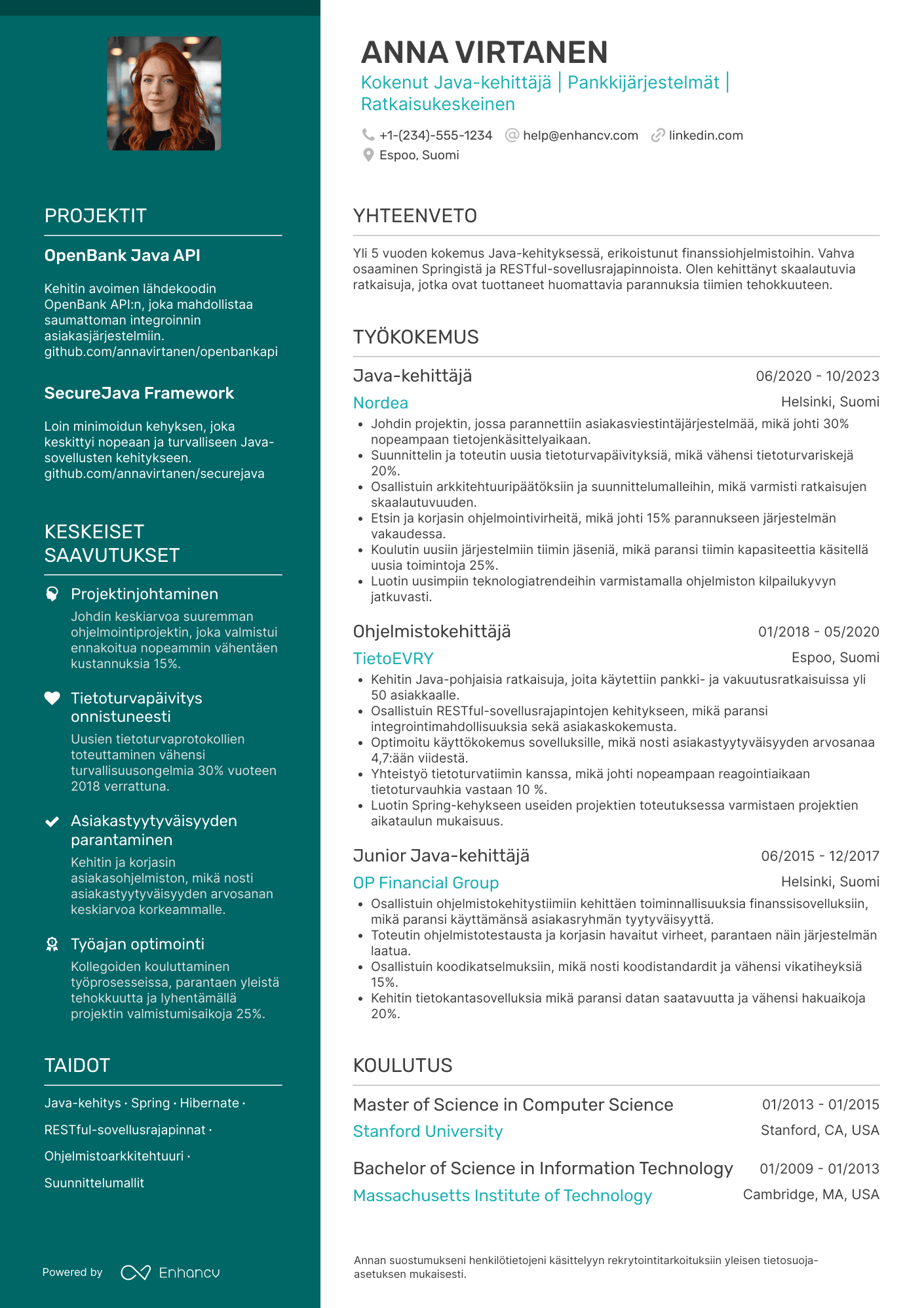 Ansioluettelo Java kehittäjä finanssialalla Resume Example