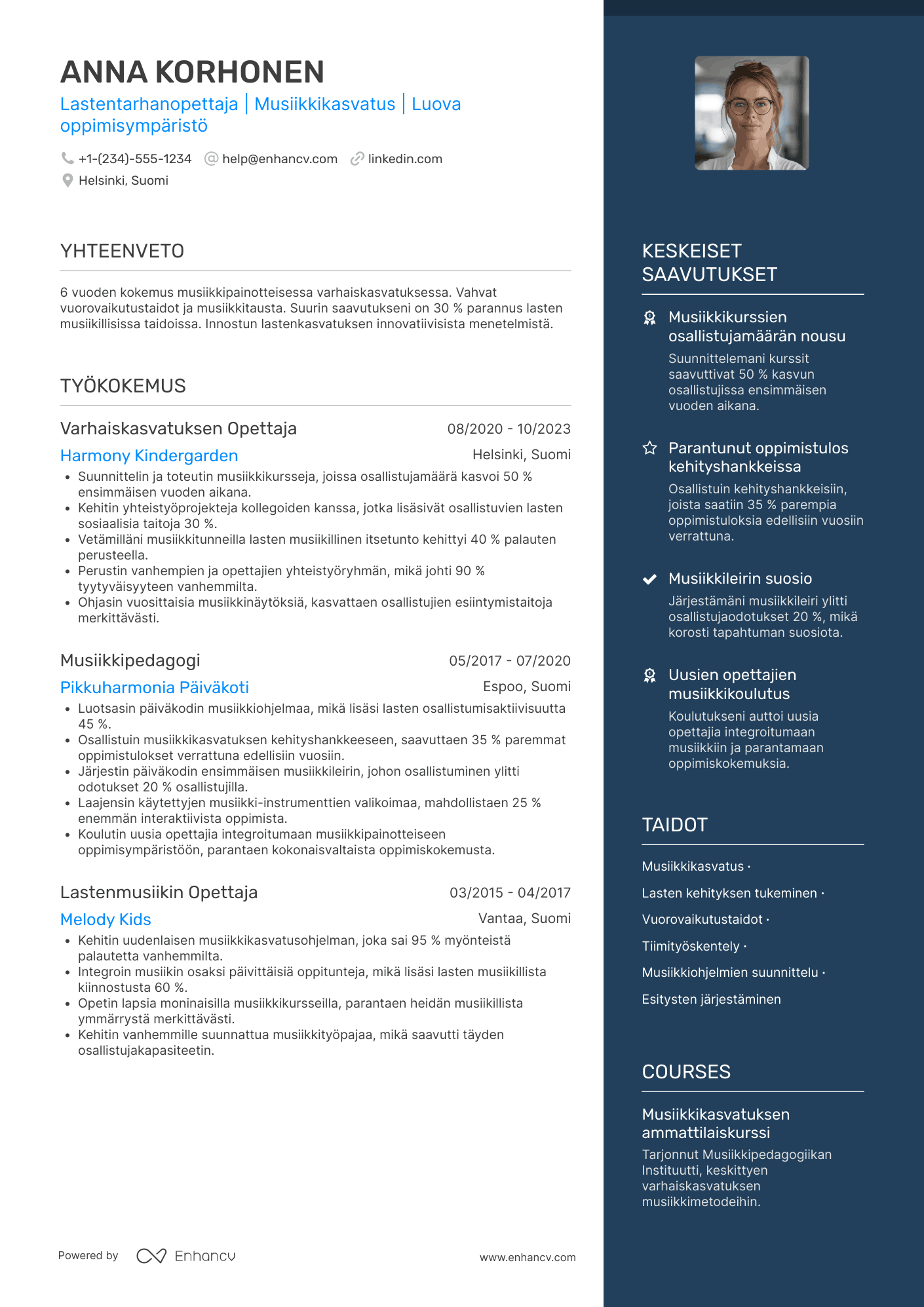 Ansioluettelo Lastentarhanopettaja musiikkipainotteisessa päiväkodissa Resume Example