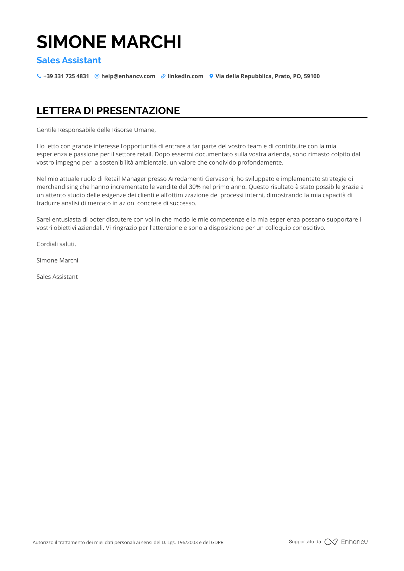 Commessa Senior Resume Example