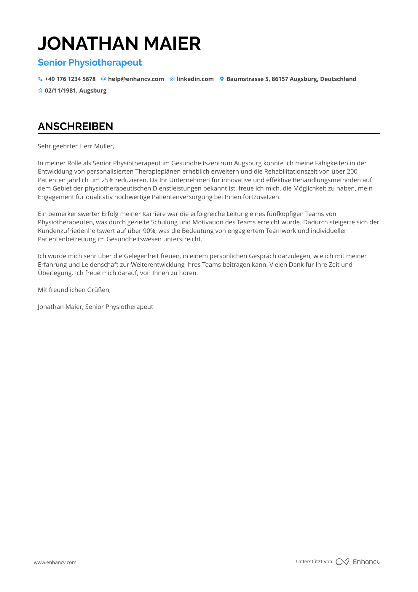 Physiotherapeut in einem Fitnessstudio Resume Example