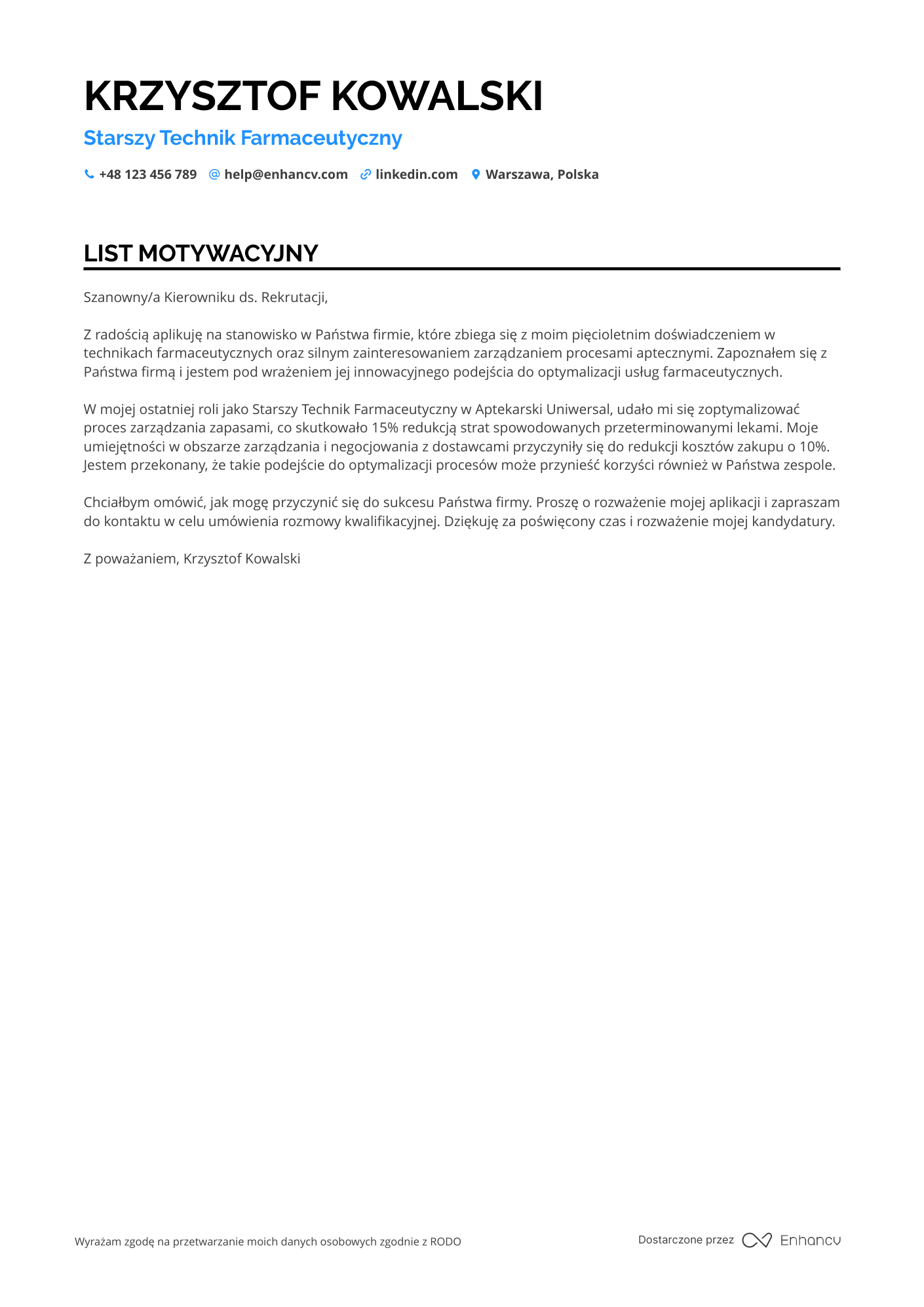 List motywacyjny dla Starszy Technik Farmaceutyczny Resume Example