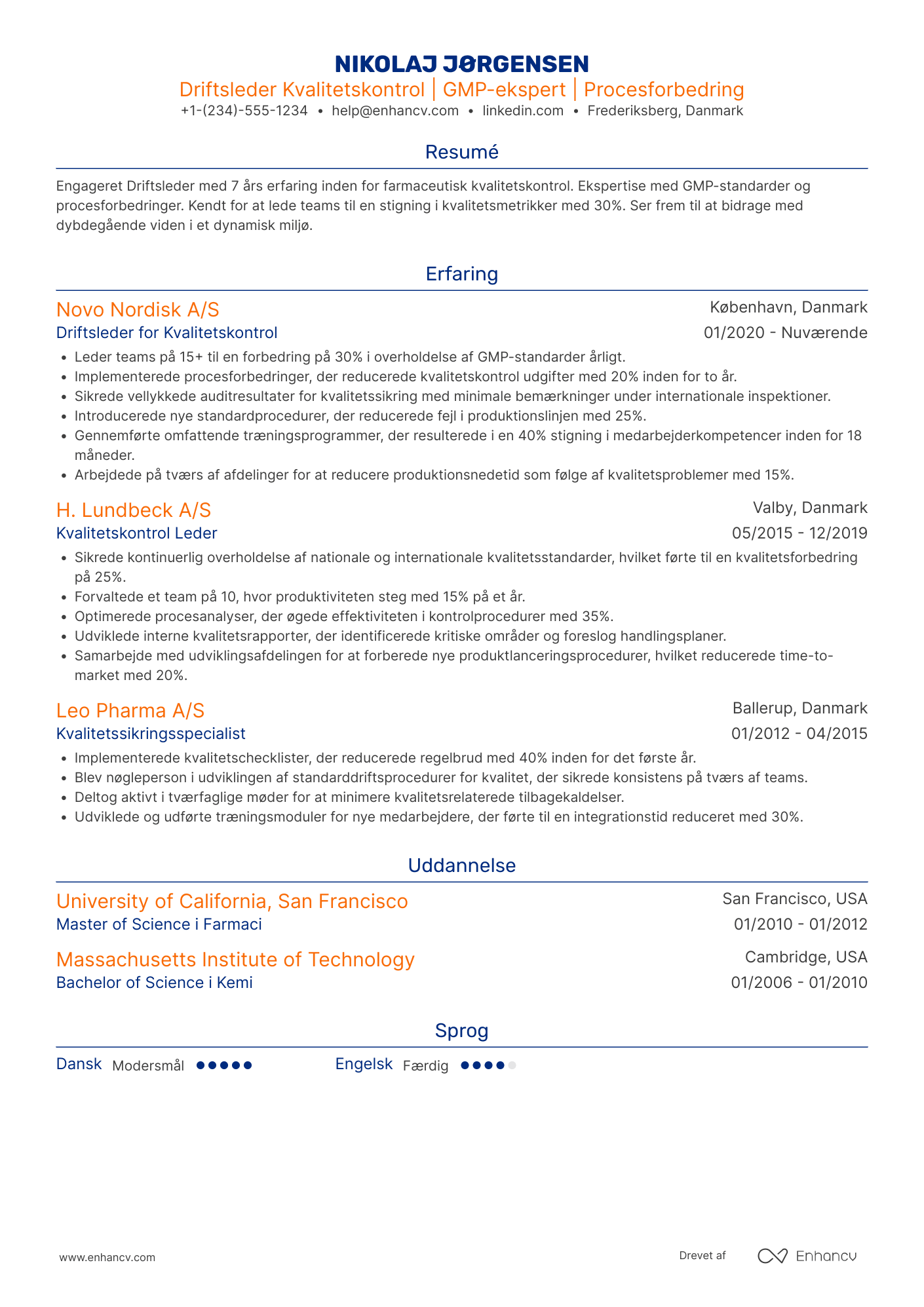 CV til Driftsleder for kvalitetskontrol Resume Example