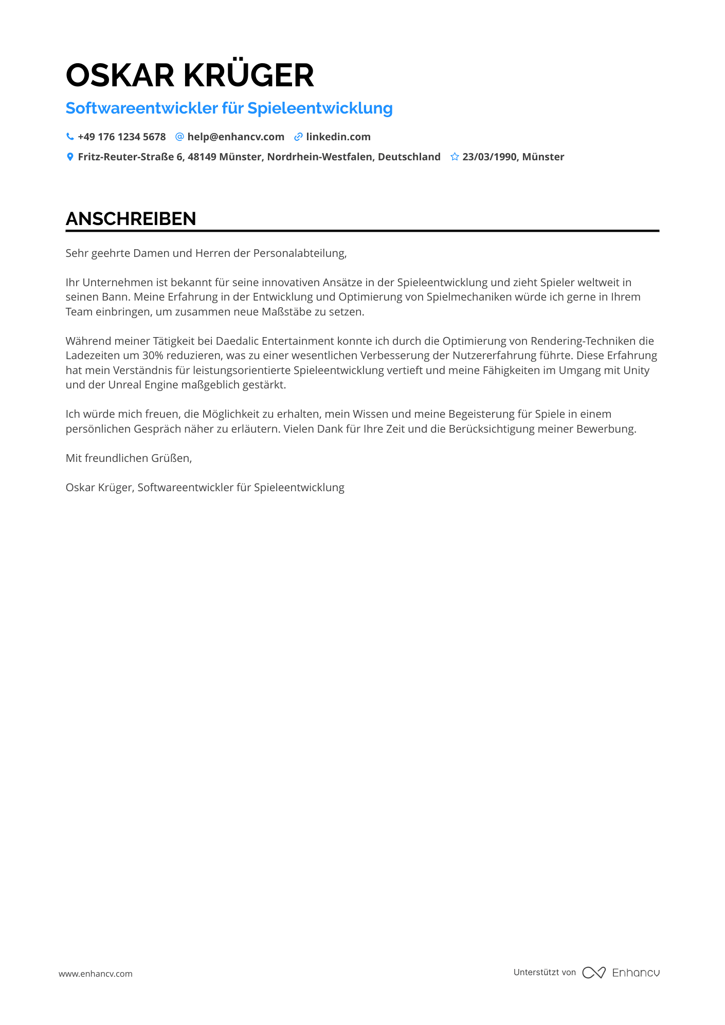 Softwareentwickler für Spieleentwicklung Resume Example