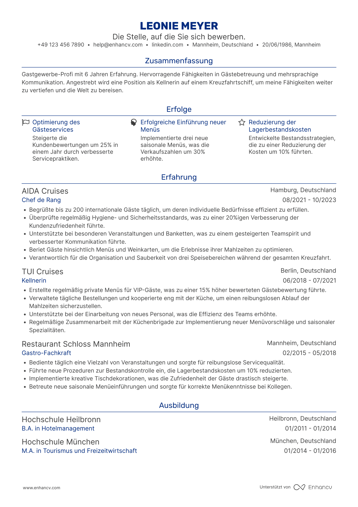 Lebenslauf in Kellner für Kreuzfahrtschiffe Resume Example