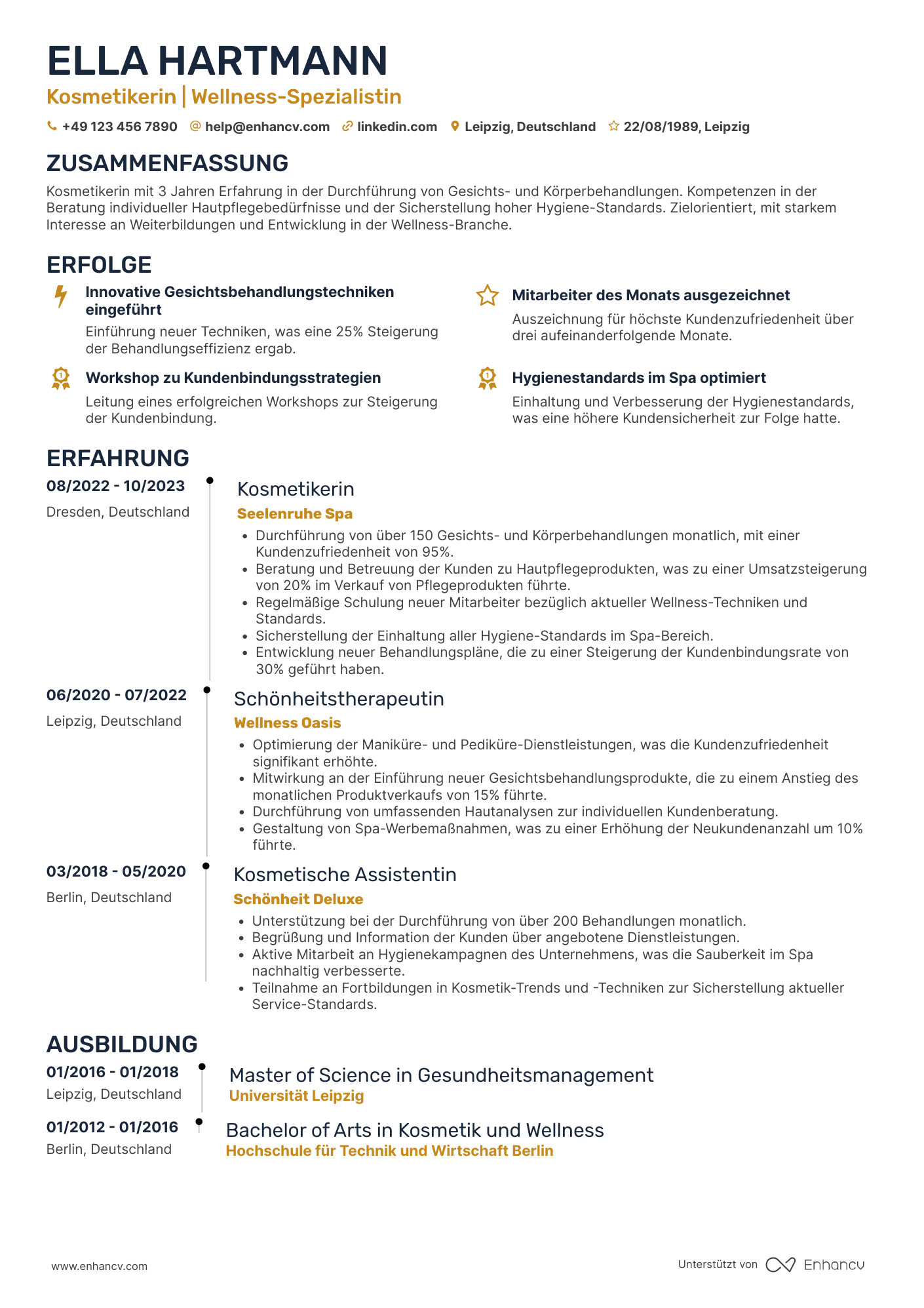 Lebenslauf in Kosmetikerin in der Wellnessindustrie Resume Example