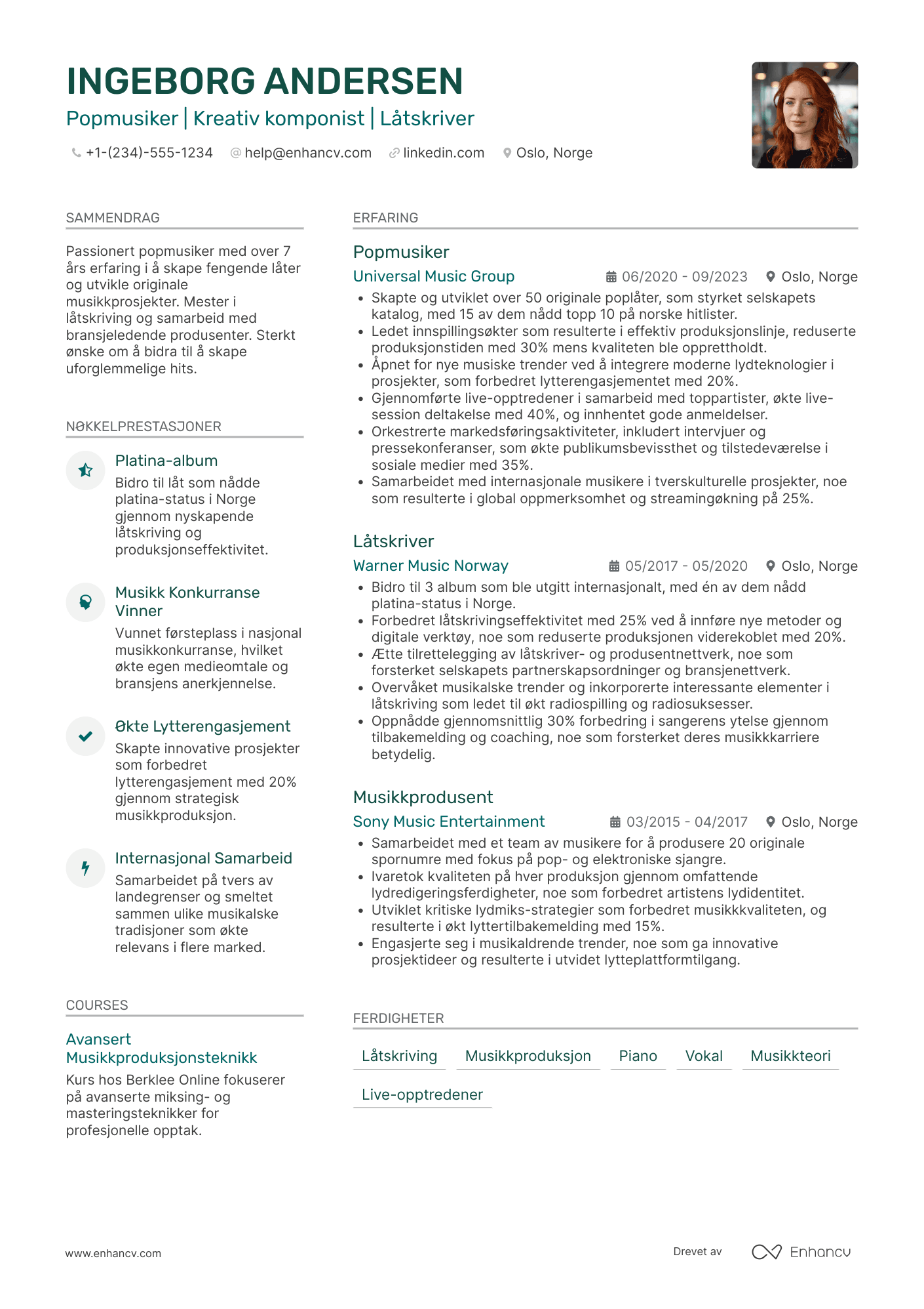 CV for Popmusiker Resume Example