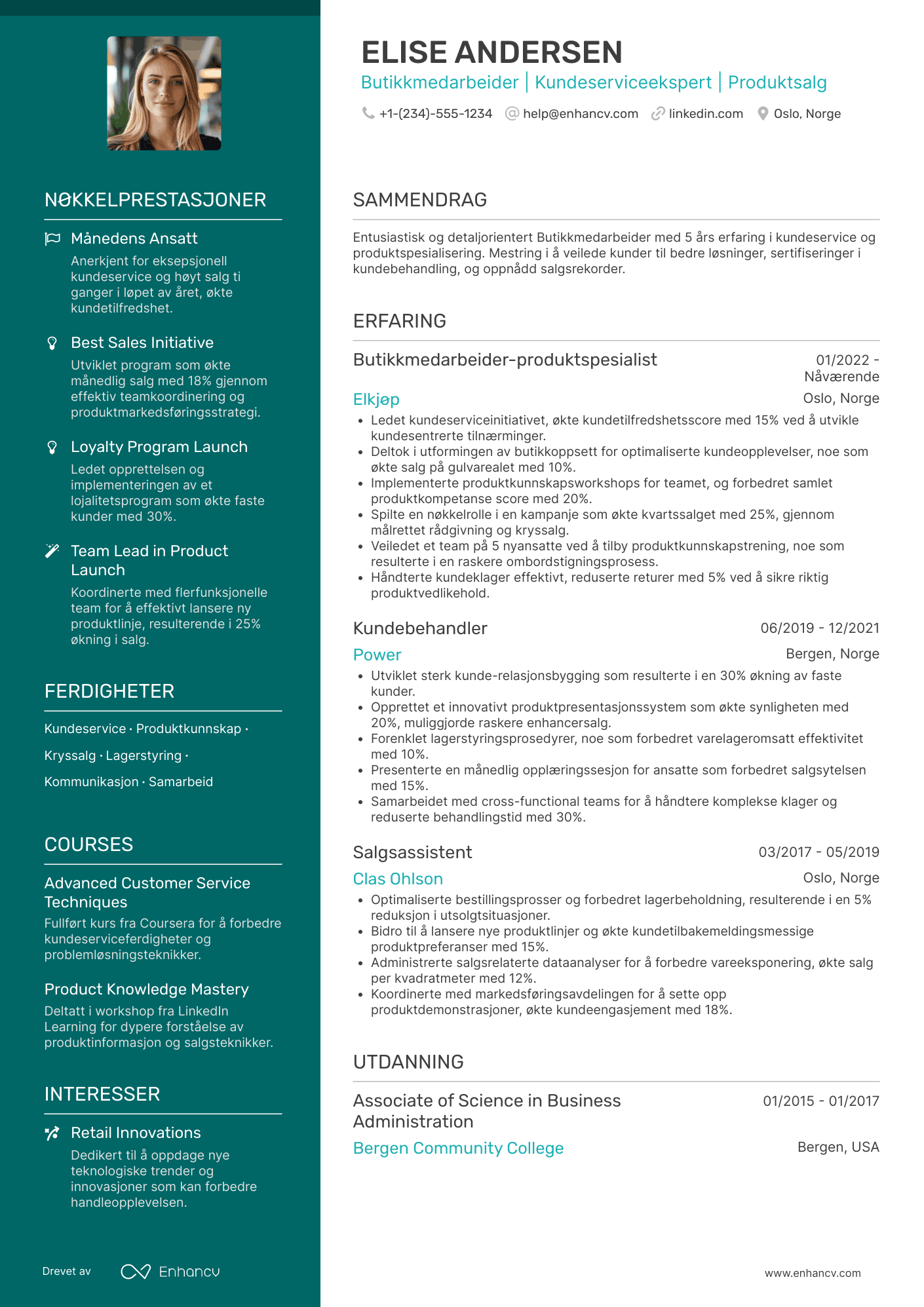 CV for Butikkmedarbeider produktspesialist Resume Example