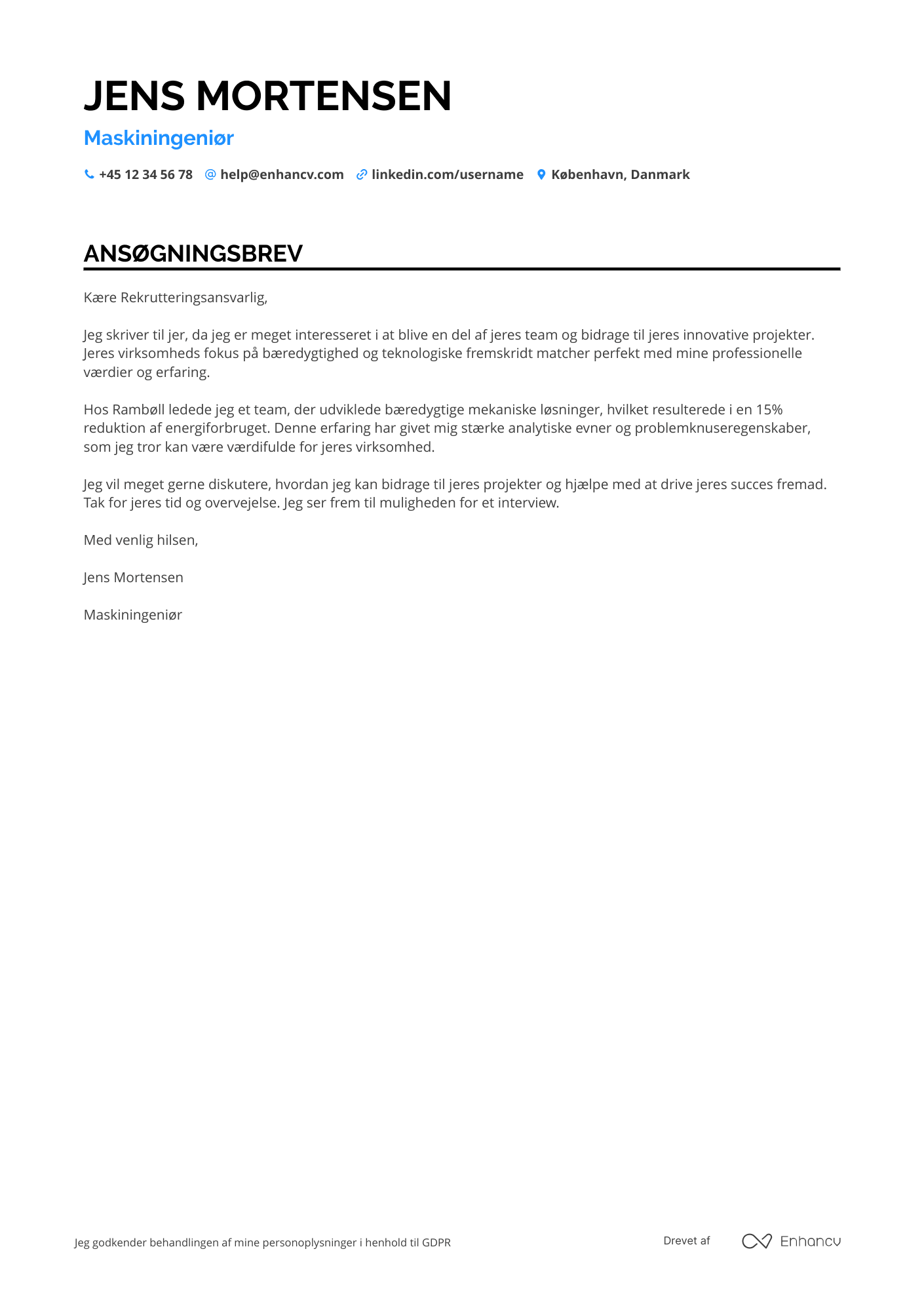 Ansøgningsbrev til Maskiningeniør – Rådgiver Resume Example