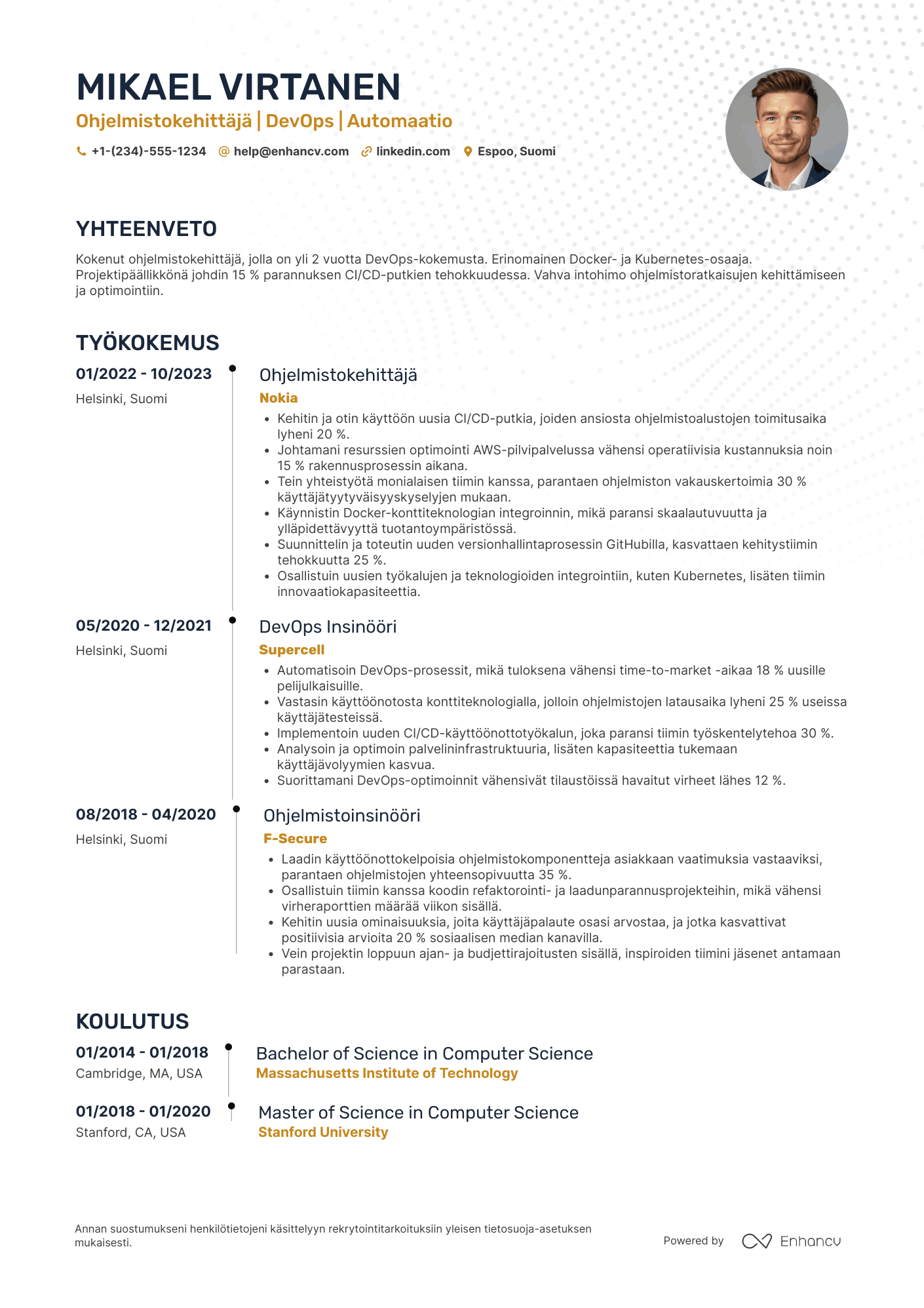 Ansioluettelo Ohjelmistokehittäjä DevOps Resume Example