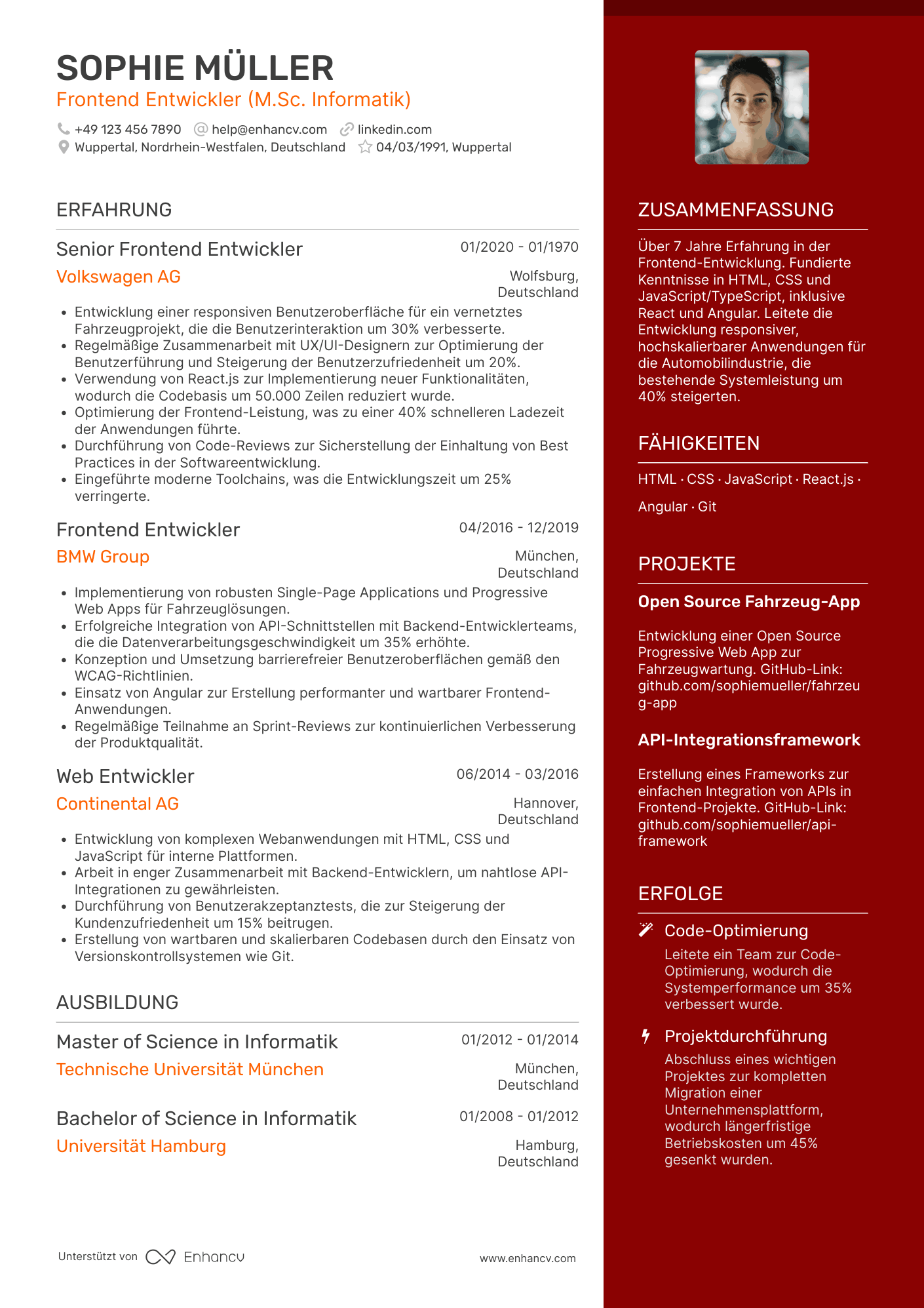 Lebenslauf in Frontend Entwickler in der Automobilindustrie Resume Example