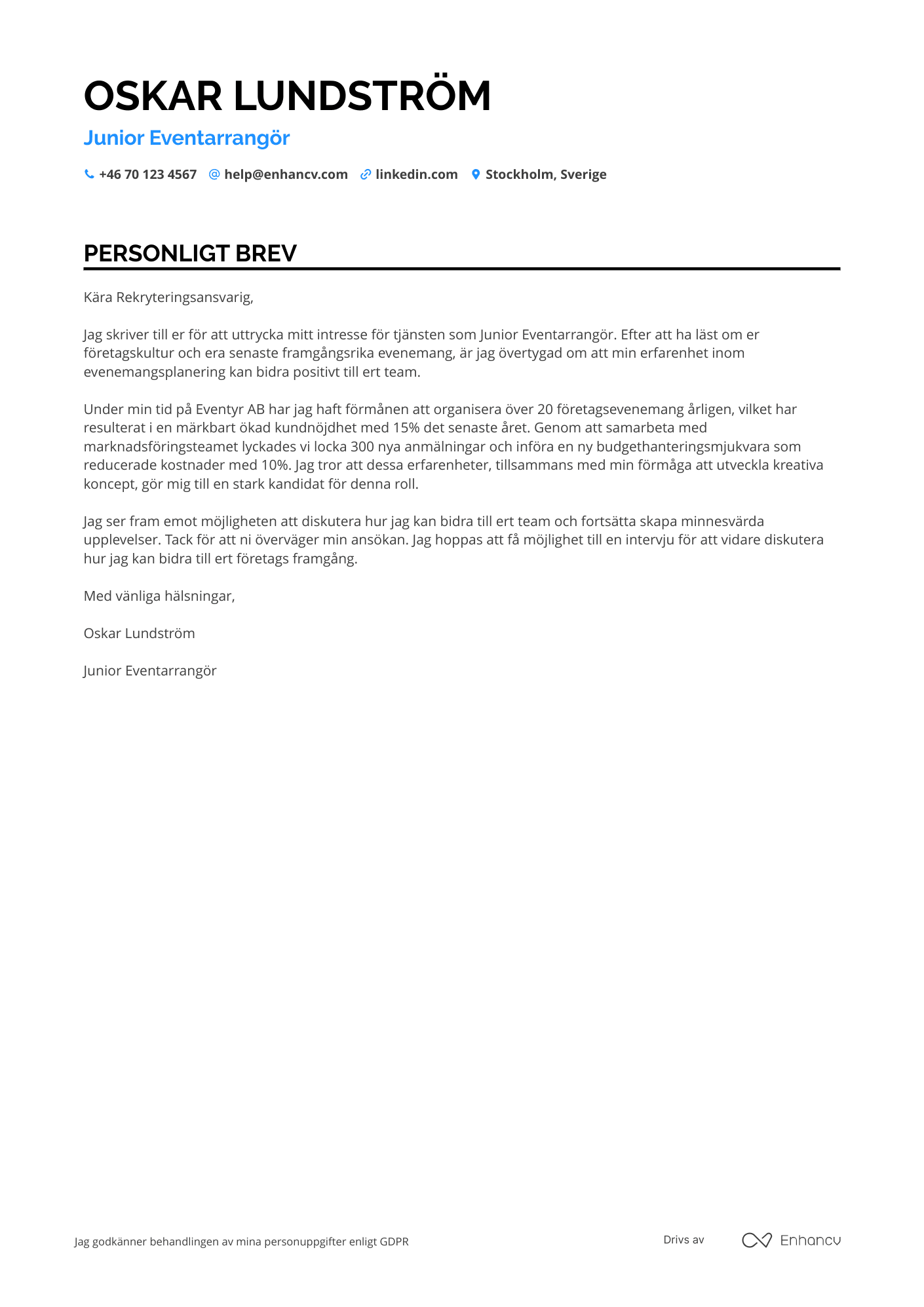 Personligt brev för Junior Eventarrangör Resume Example
