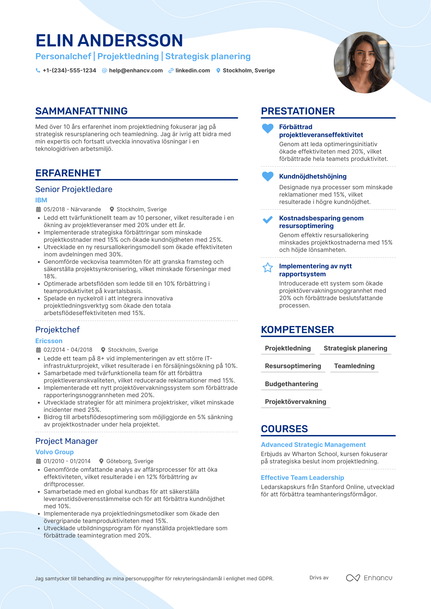 CV för Personalchef Projektleitung Resume Example