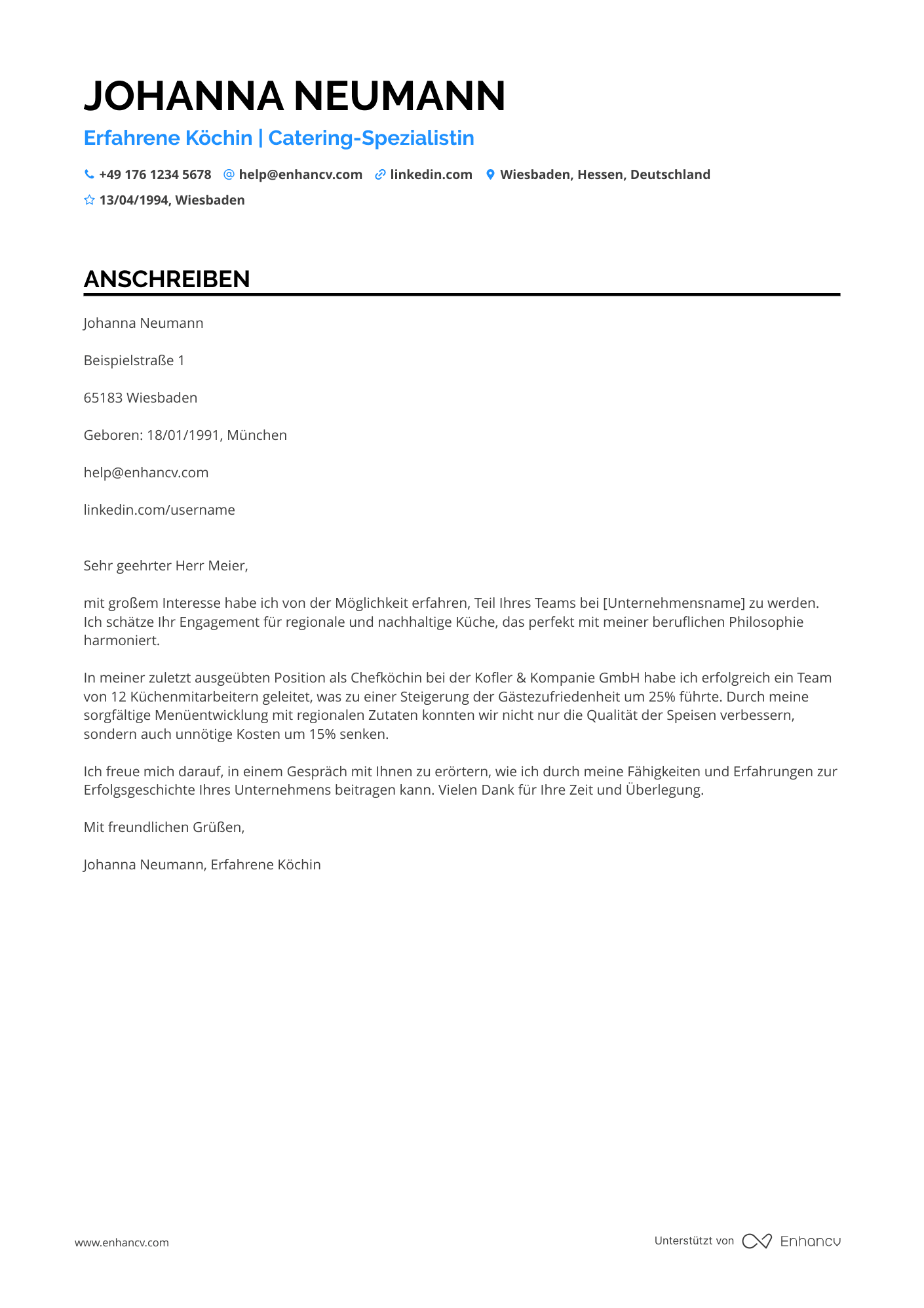 Koch in einem Catering Unternehmen Resume Example