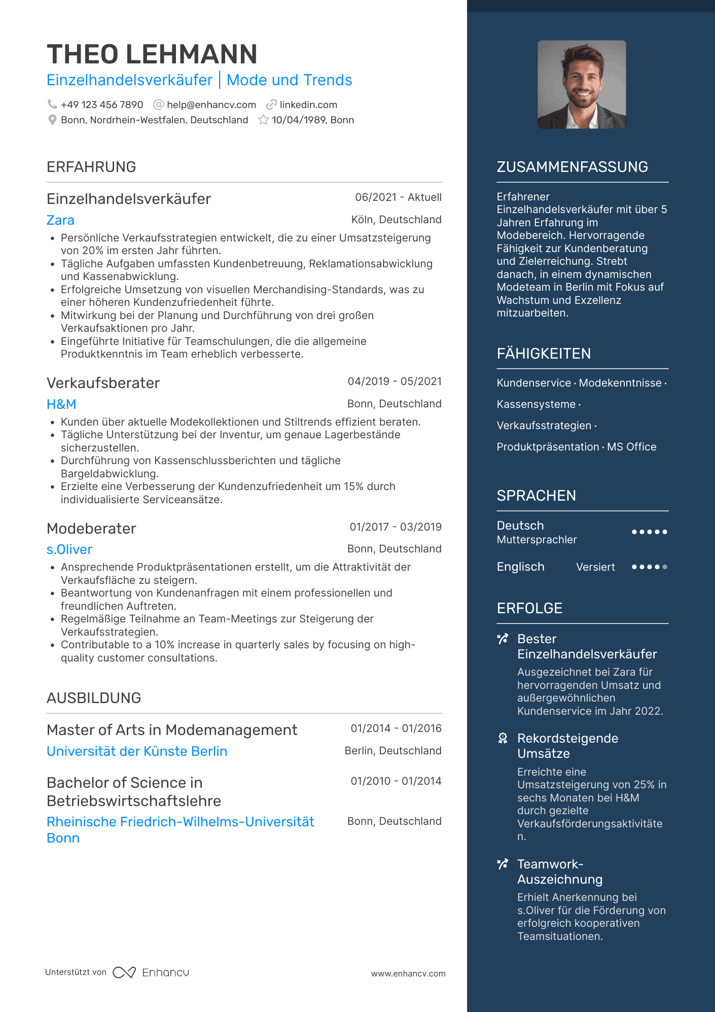 Lebenslauf als Einzelhandelsverkäufer mit mittlerer Erfahrung Resume Example