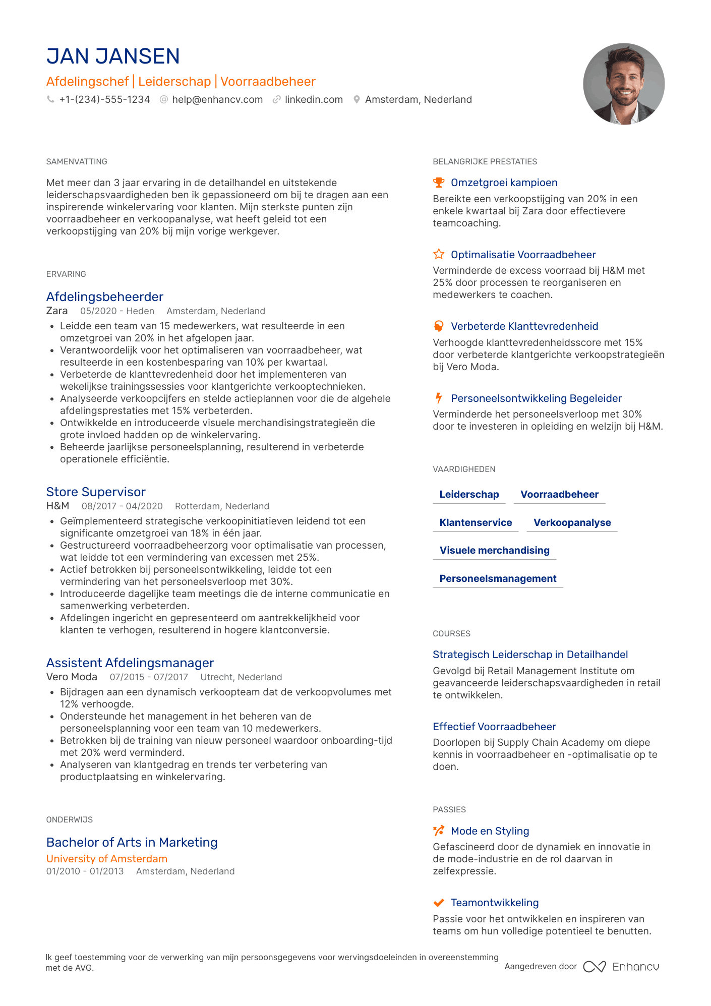 CV voor Kledingzaak Afdelingschef Resume Example