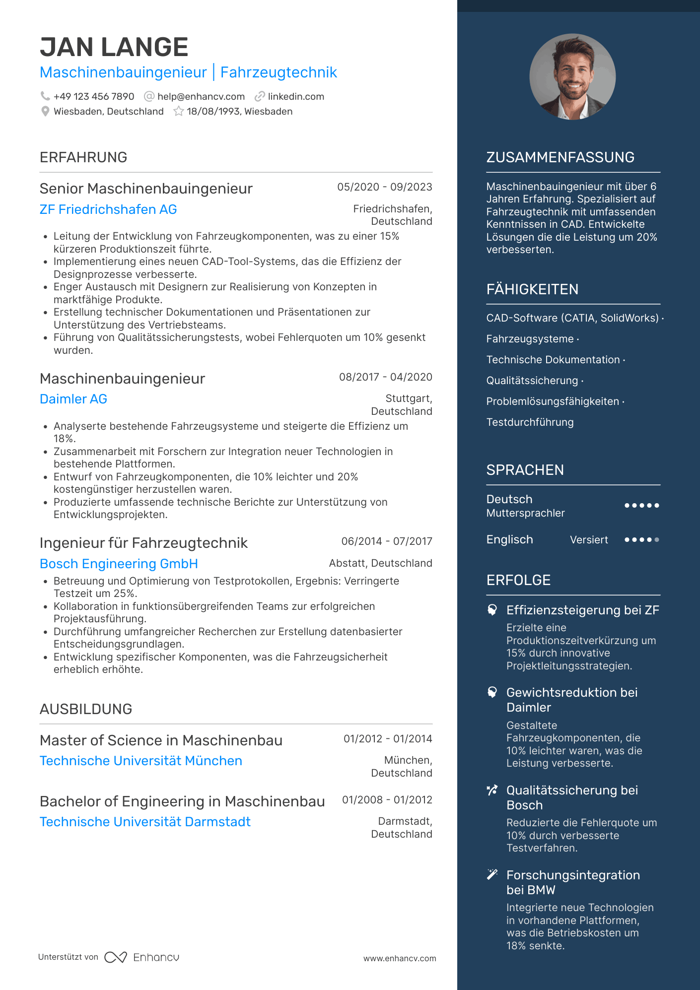 Lebenslauf als Maschinenbauingenieur für Fahrzeugtechnik Resume Example