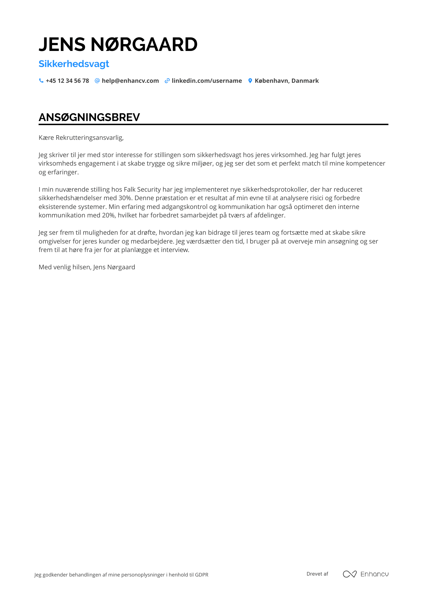 Ansøgningsbrev til Sikkerhedsvagt i reception Resume Example