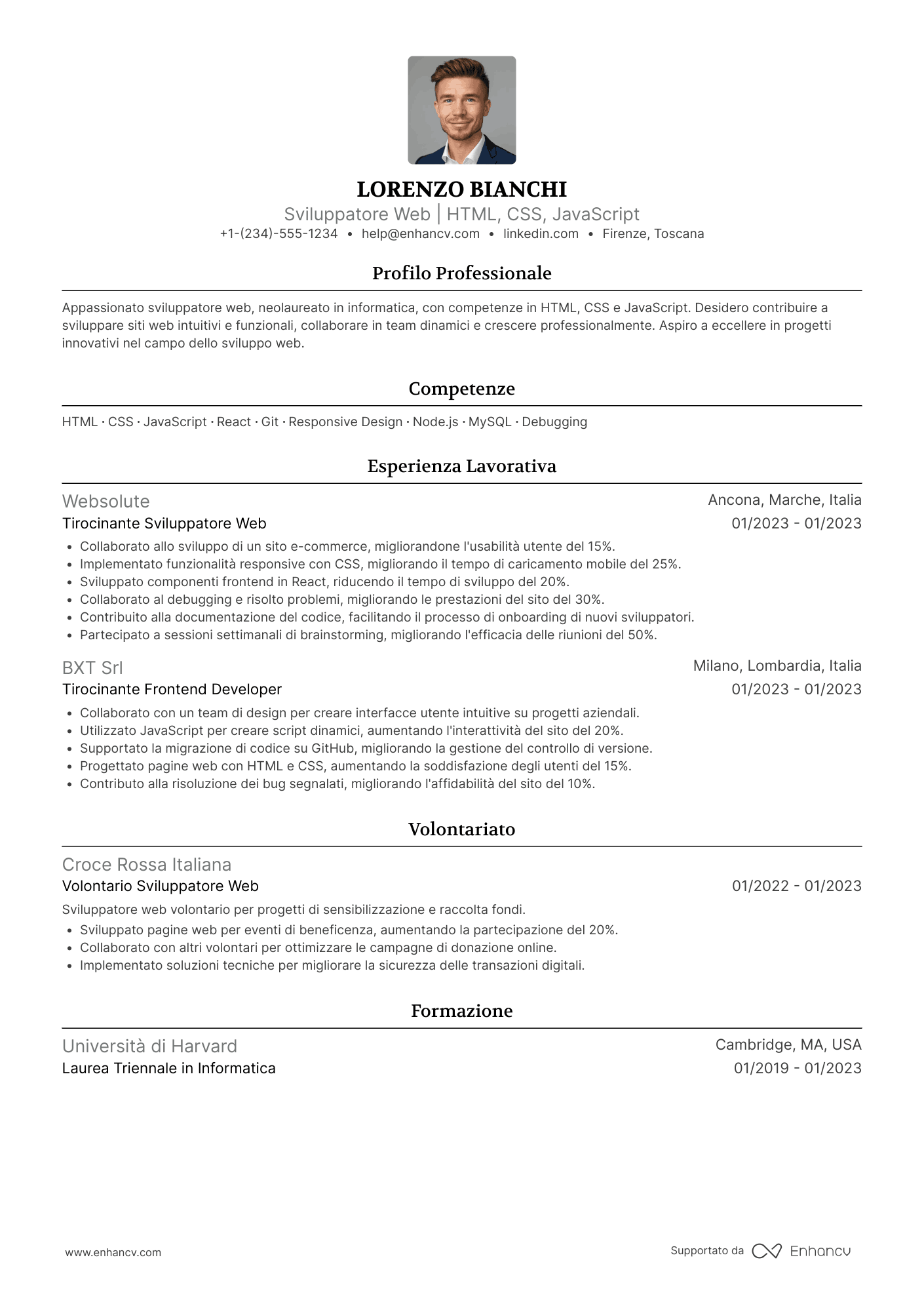 CV web developer neolaureato Resume Example