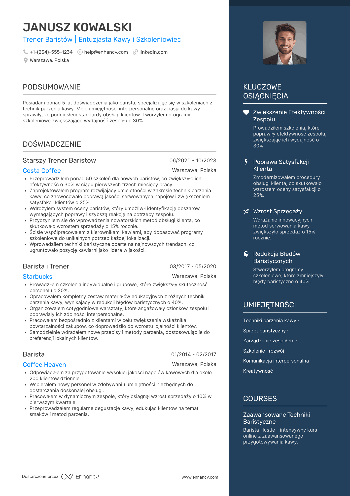 CV dla Barista Trainer Resume Example