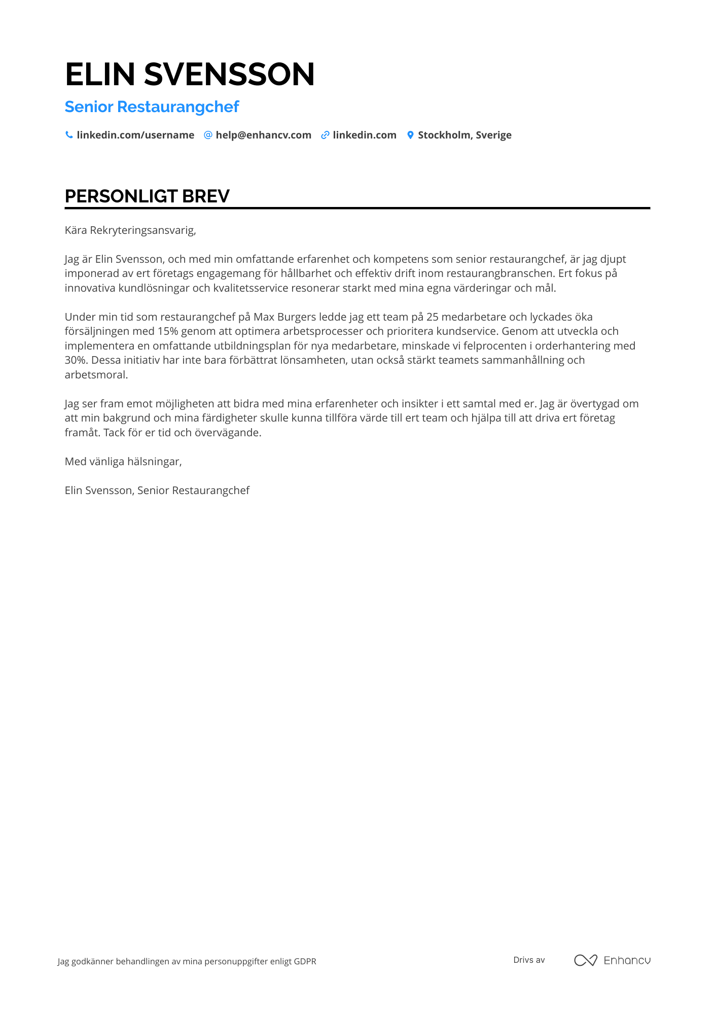 Personligt brev för McDonald's Senior Manager Resume Example