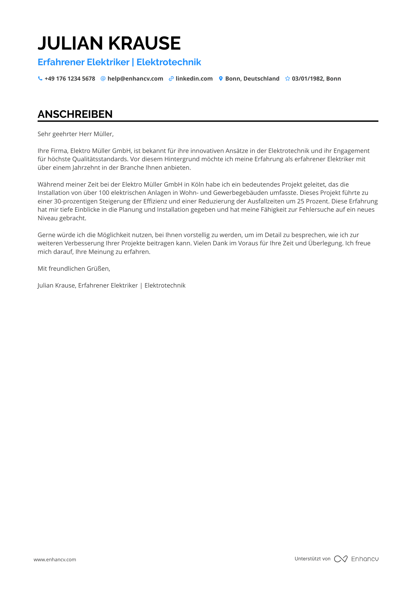Elektriker im Handwerk Resume Example