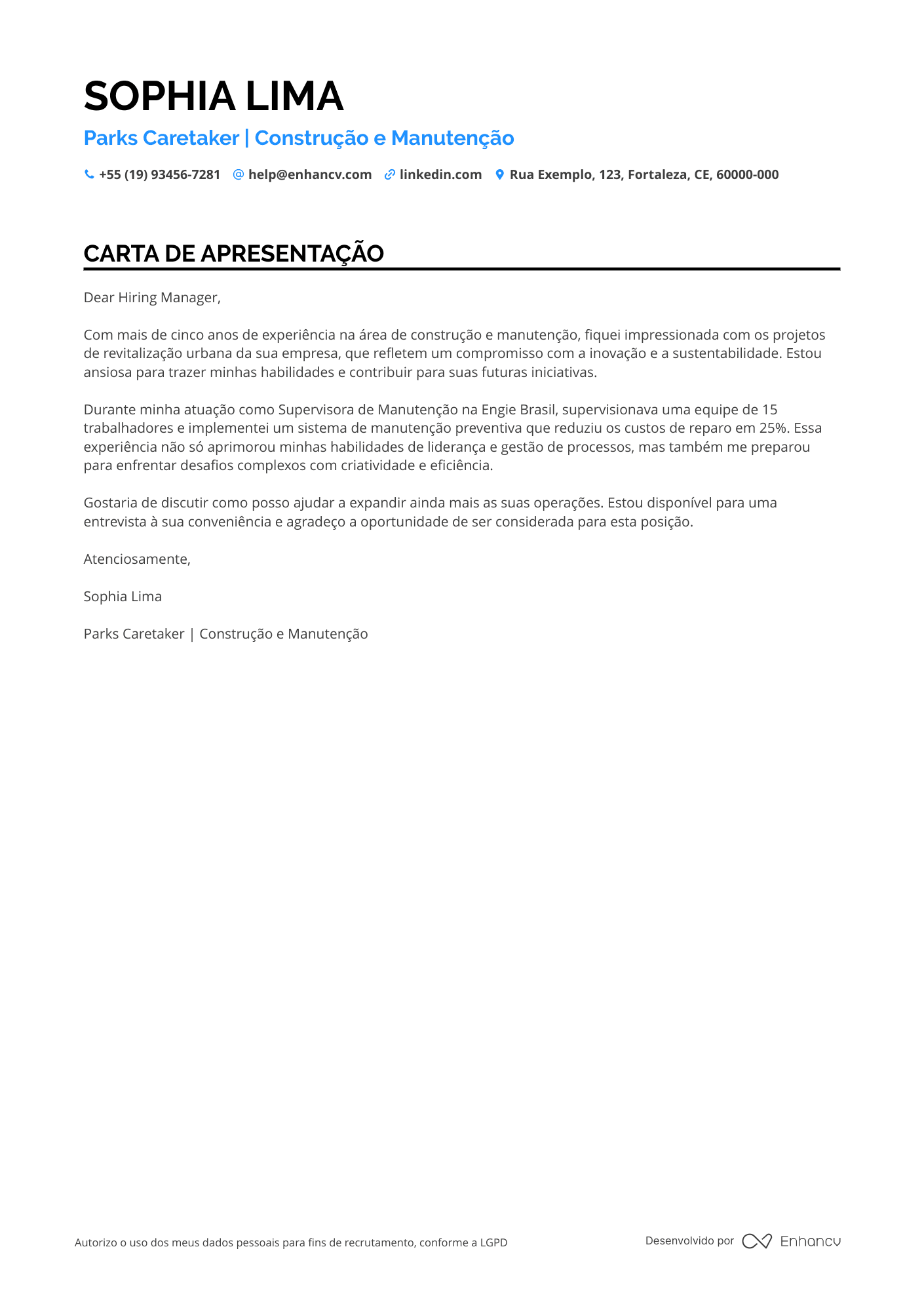 Zelador de Parques Ambientais Resume Example