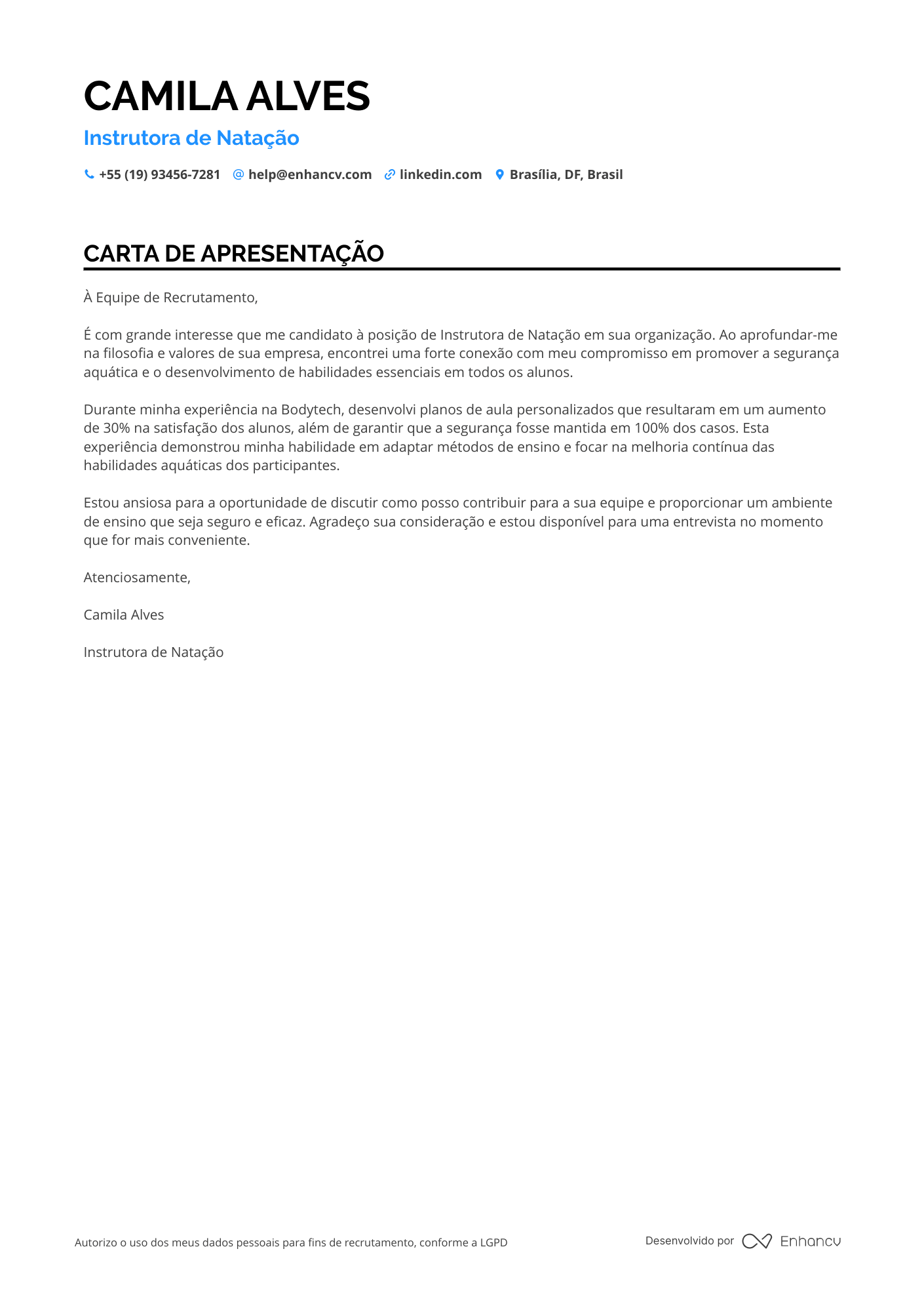 Atleta de Natação Júnior Resume Example