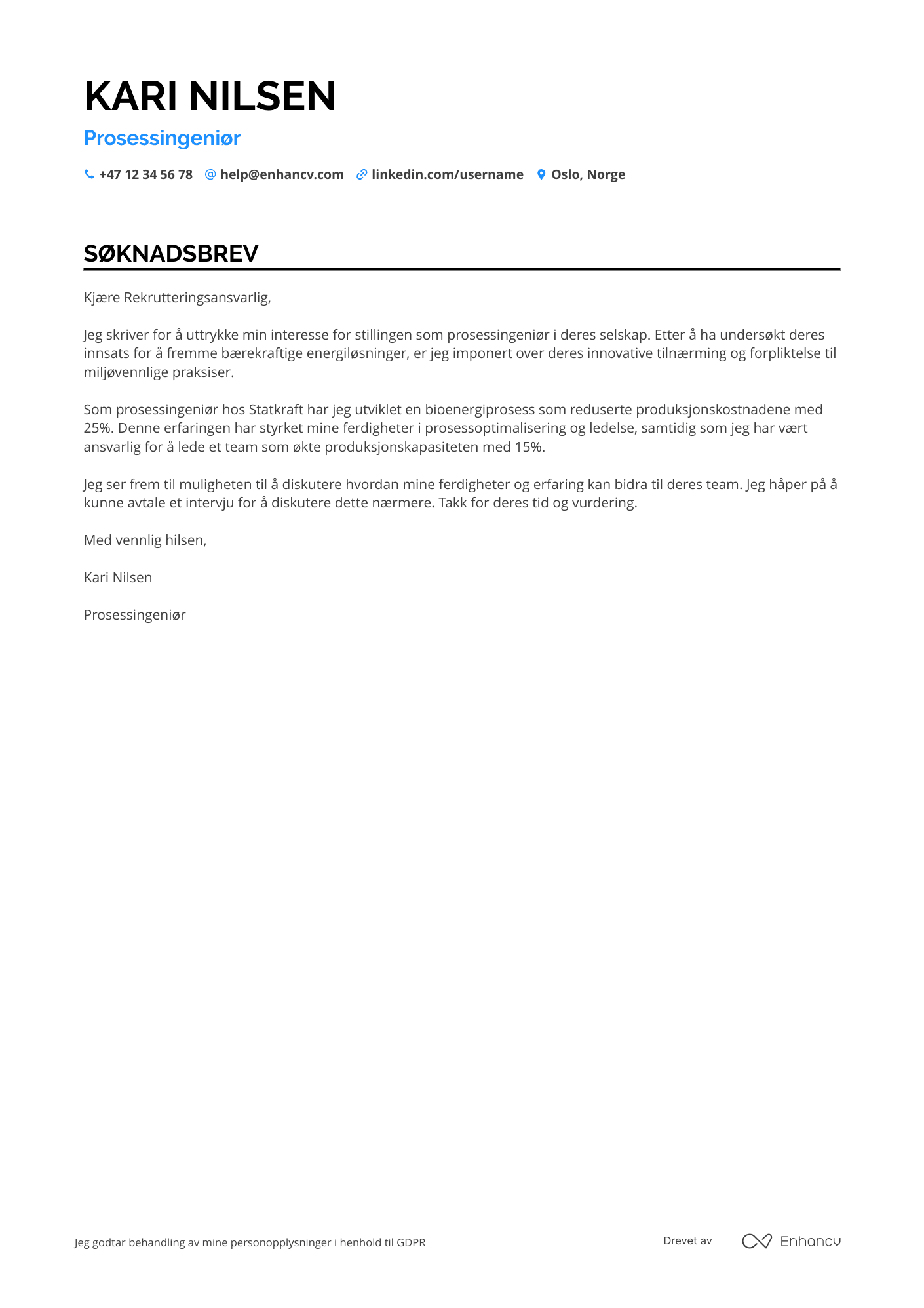 Søknadsbrev for Prosessingeniør for fornybar energi Resume Example