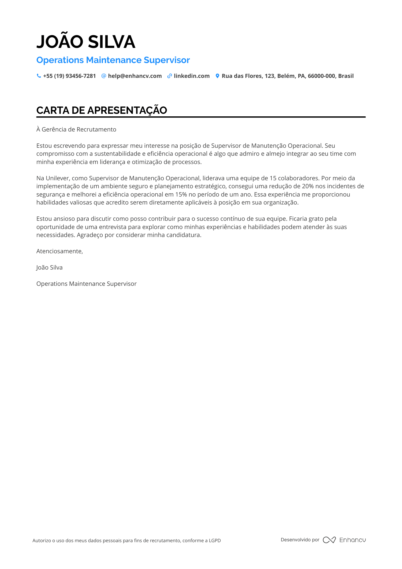 Supervisor de Manutenção Resume Example