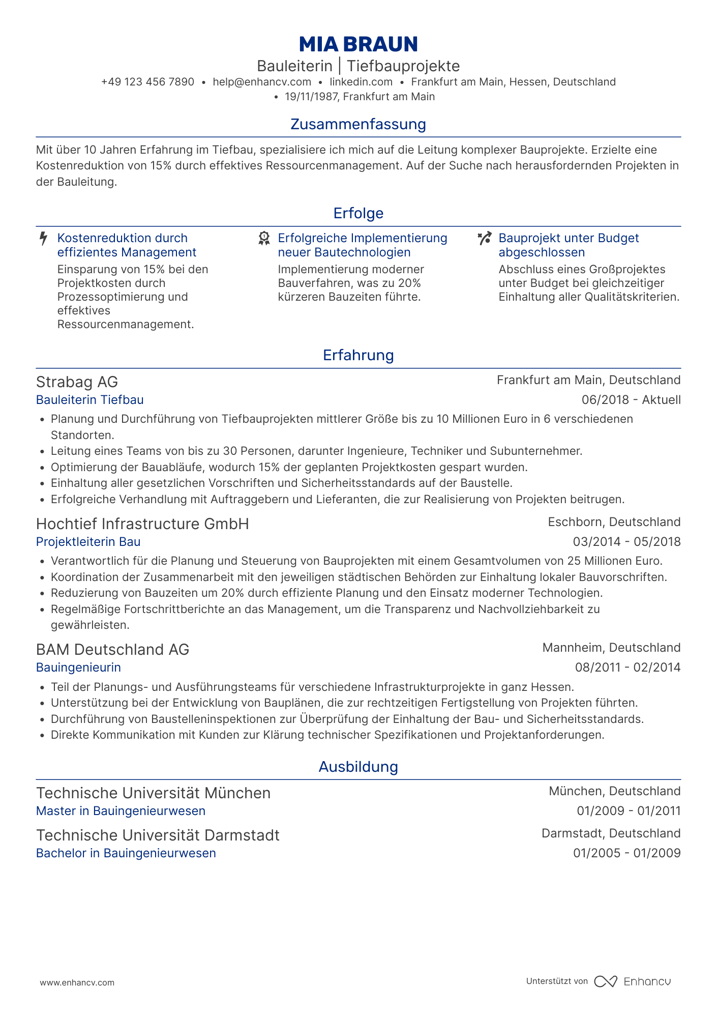 Lebenslauf als Bauleiter für Tiefbau Resume Example