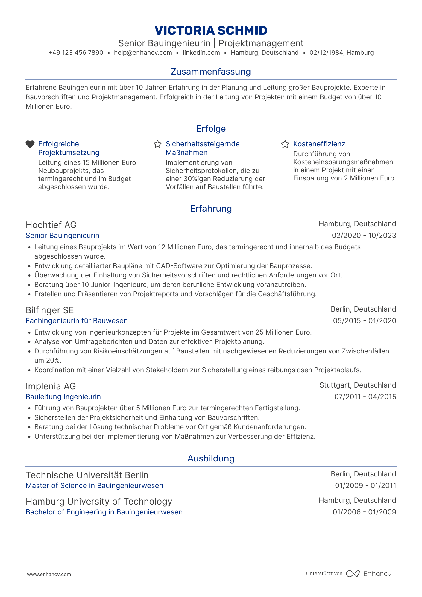 Lebenslauf als Senior Bauingenieur Resume Example
