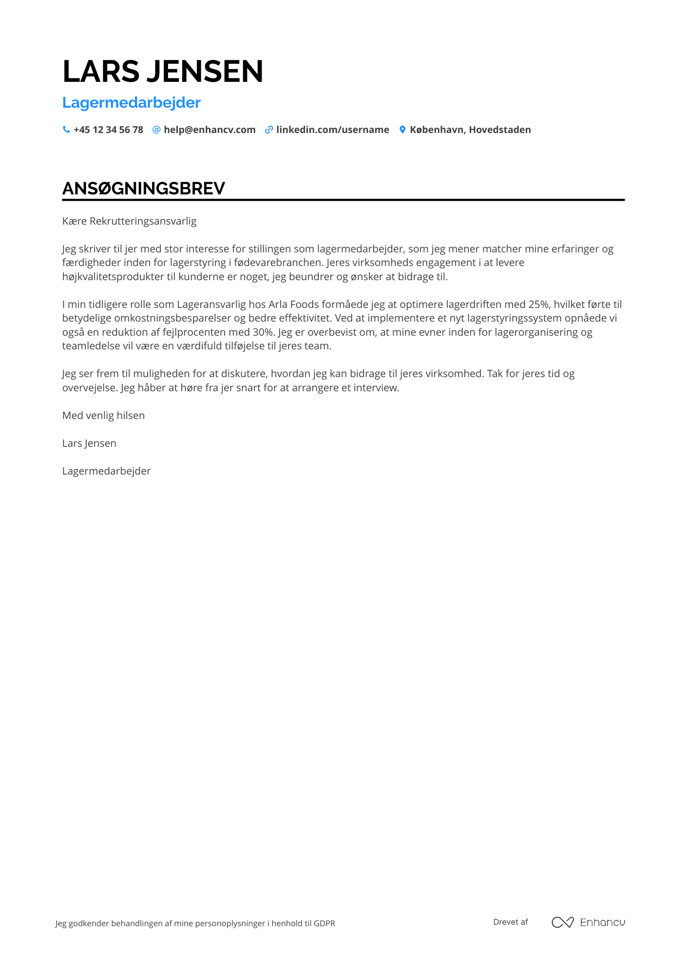 Ansøgningsbrev til Lagermedarbejder i fødevarebranchen Resume Example