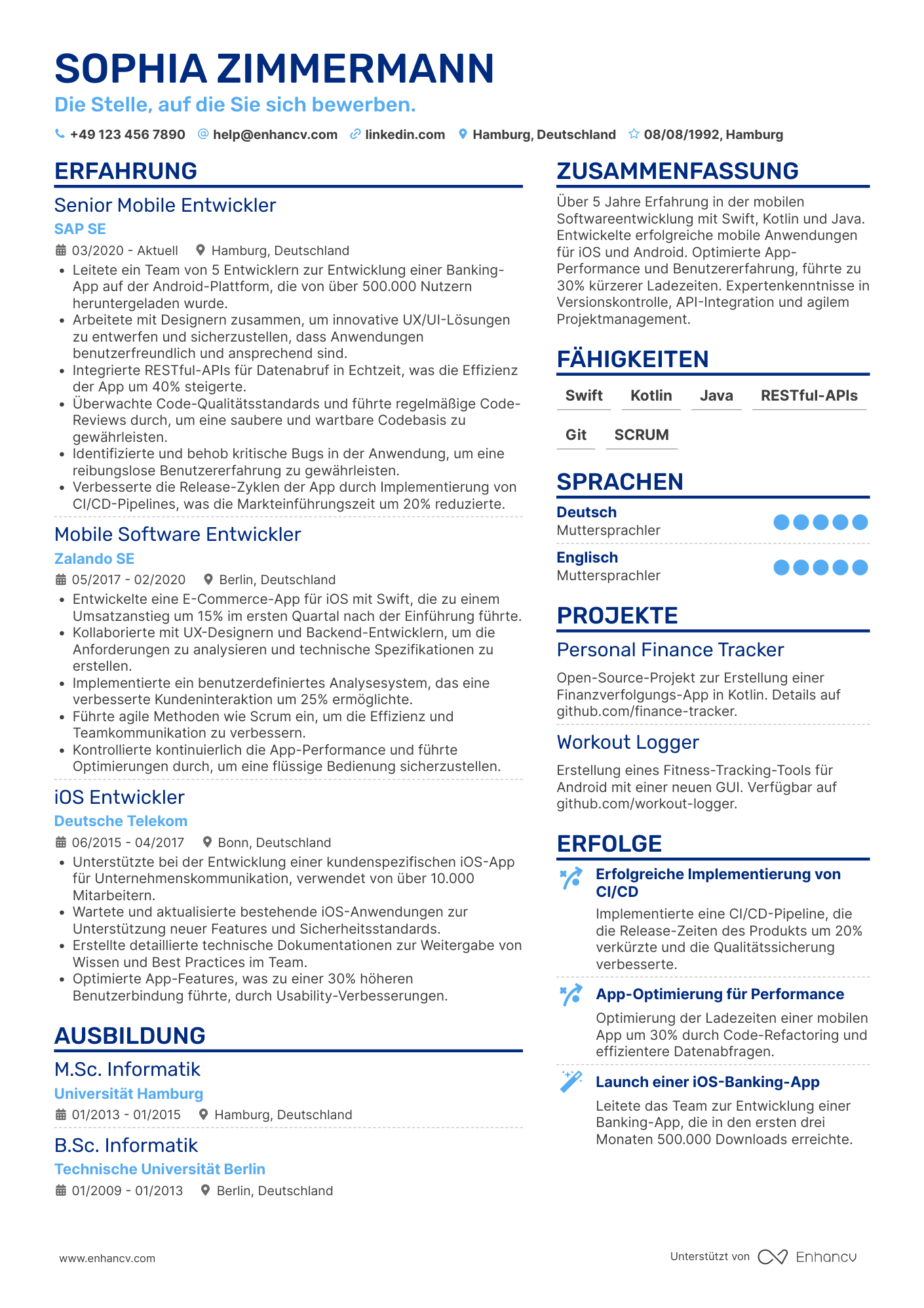 Lebenslauf als Softwareentwickler für Mobile Anwendungen Resume Example