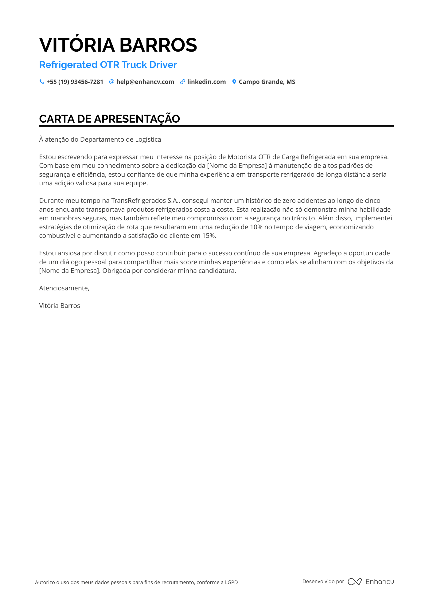 Motorista de caminhão de transporte refrigerado Resume Example