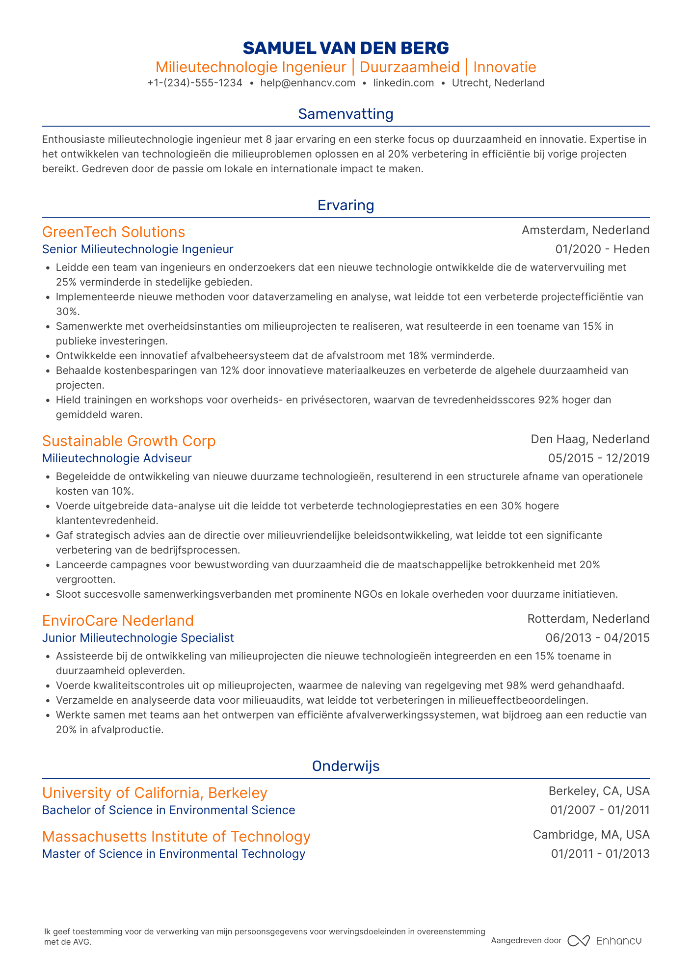 CV voor Milieutechnologie ingenieur Resume Example