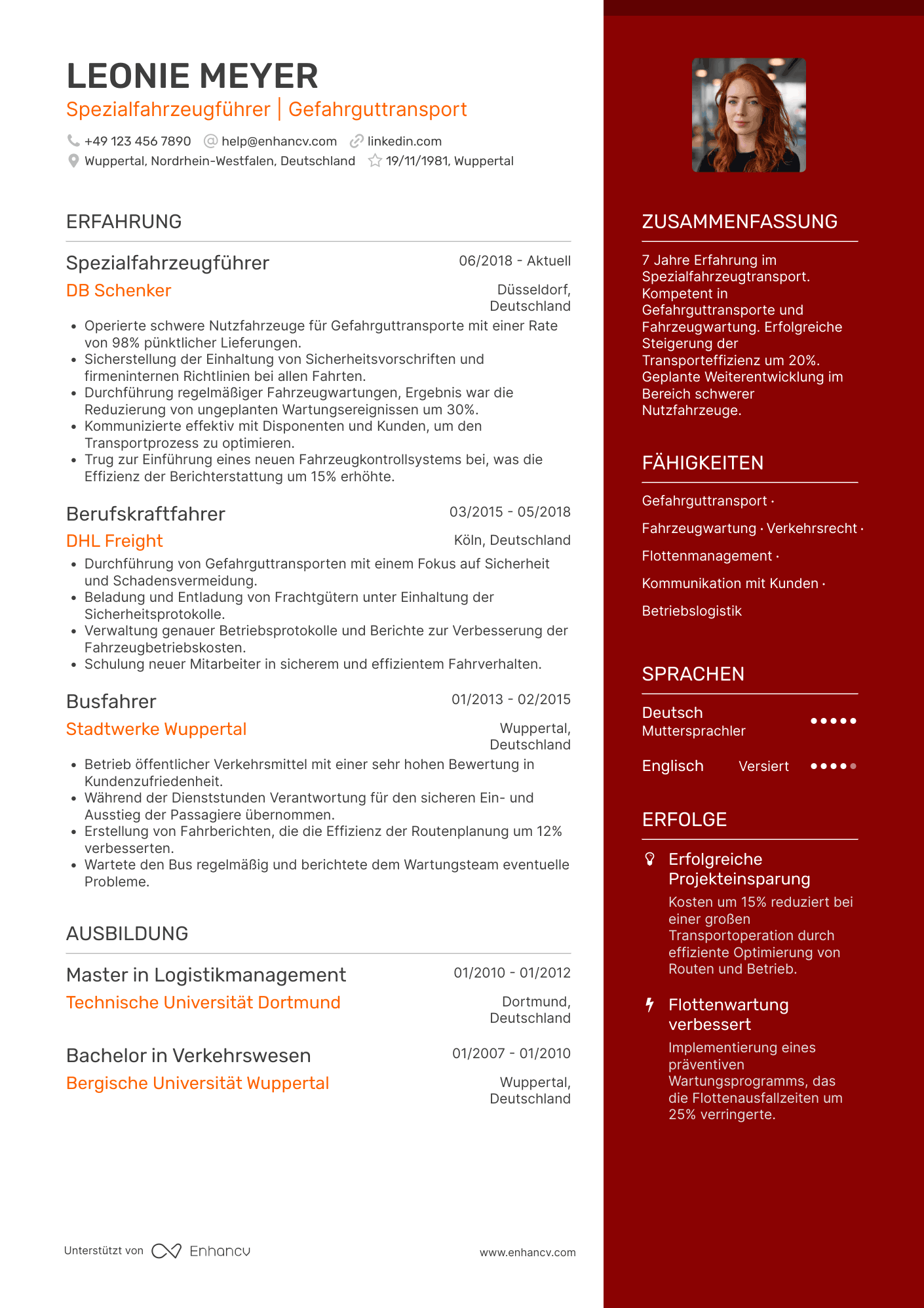 Lebenslauf als Fahrer mit Spezialausbildung Resume Example