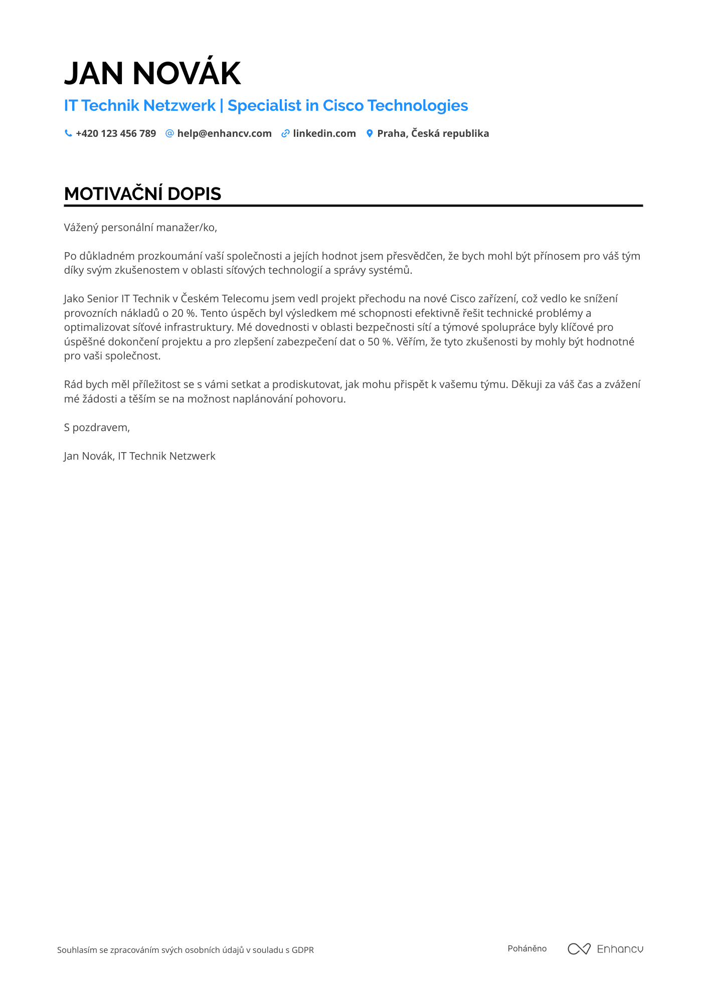 Motivační dopis pro IT Technik Netzwerk Resume Example