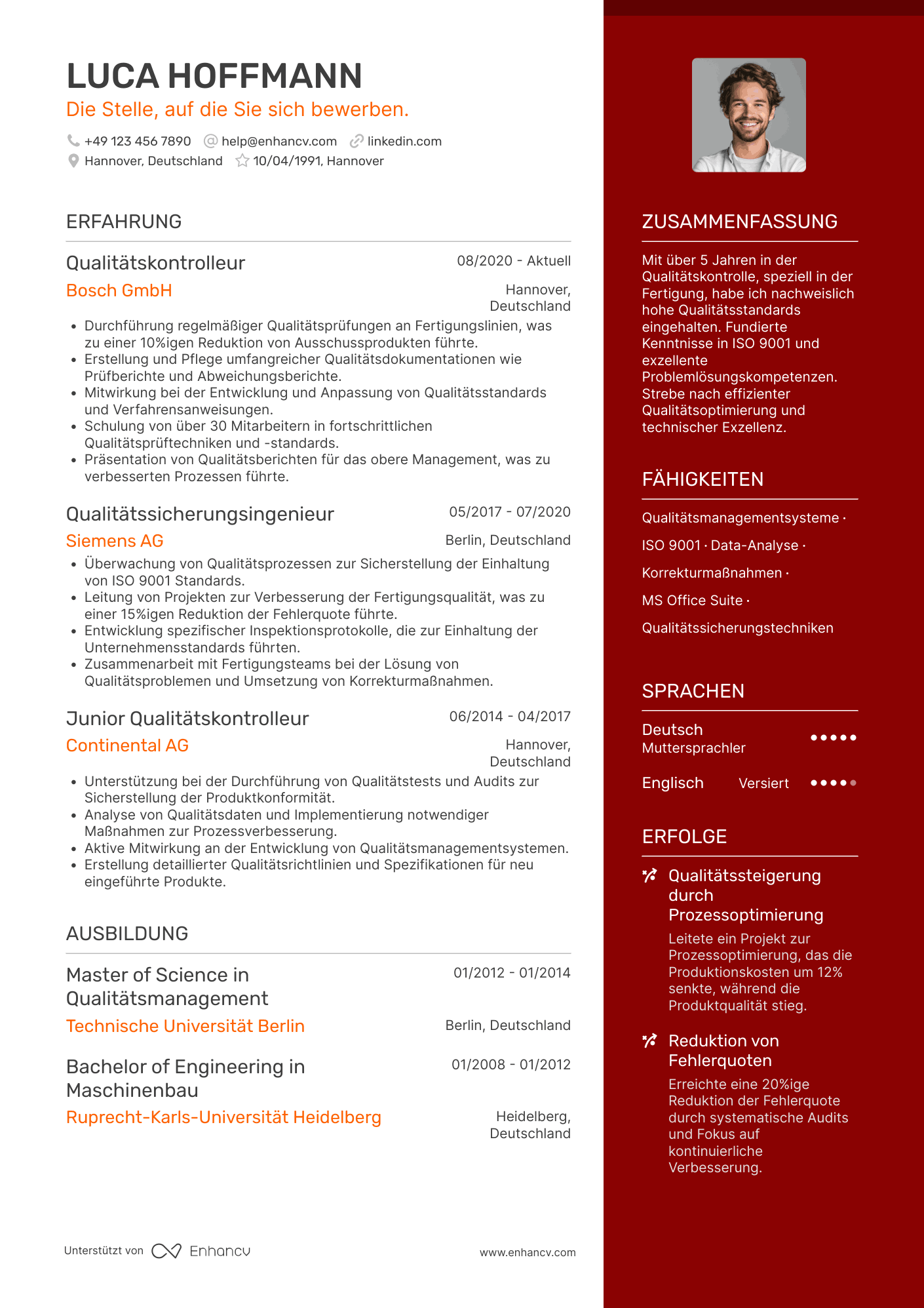 Lebenslauf als Qualitätskontrolleur für Qualitätsmanagement Resume Example