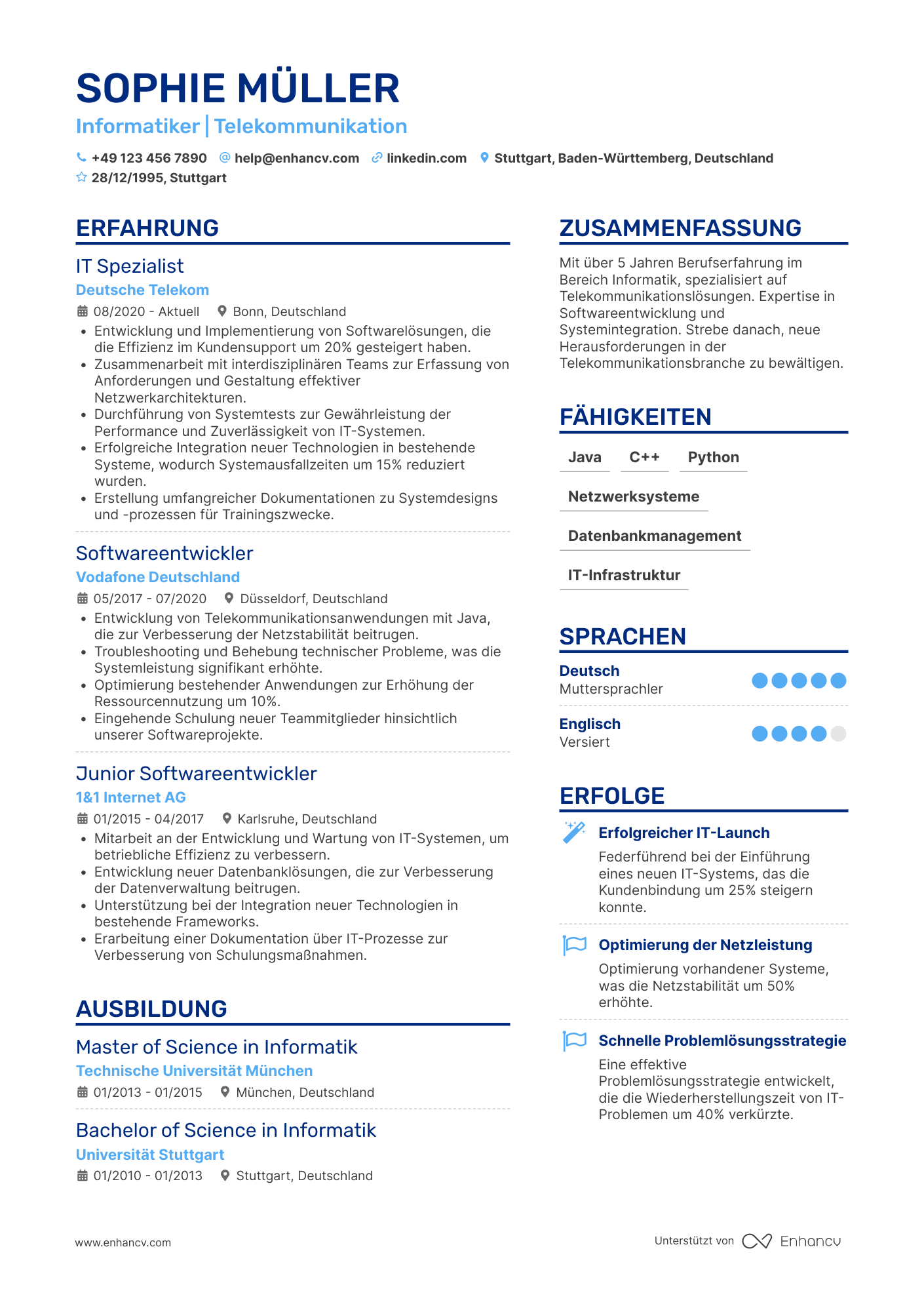Lebenslauf in Informatiker in der Telekommunikationsbranche Resume Example
