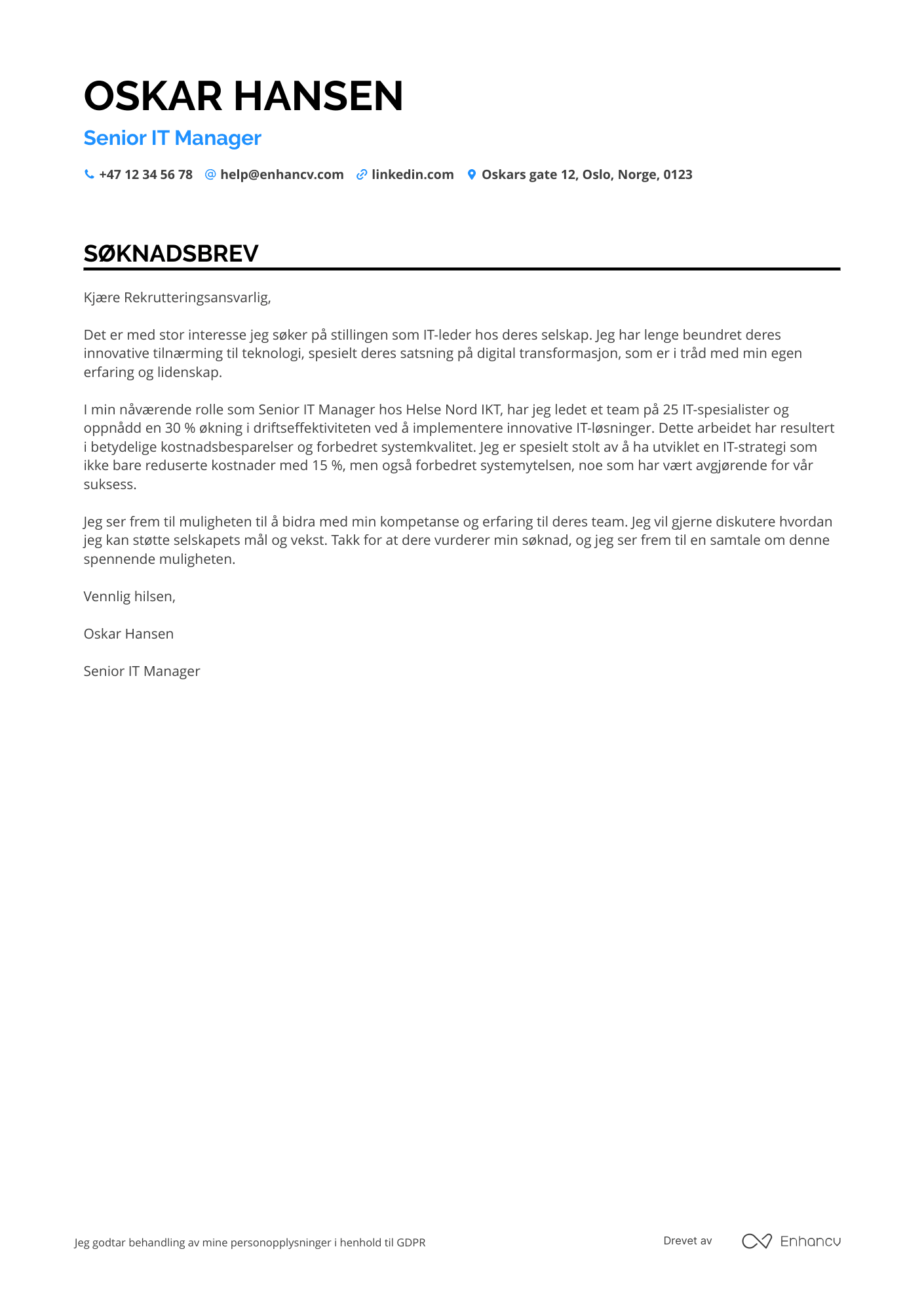 Søknadsbrev for IT leder i helsesektoren Resume Example