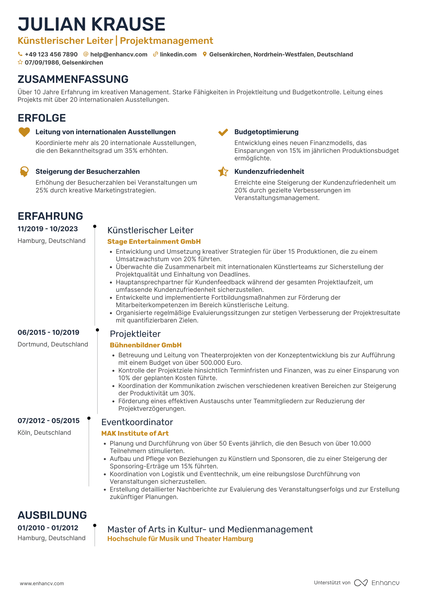 Lebenslauf als Künstlerischer Manager Resume Example